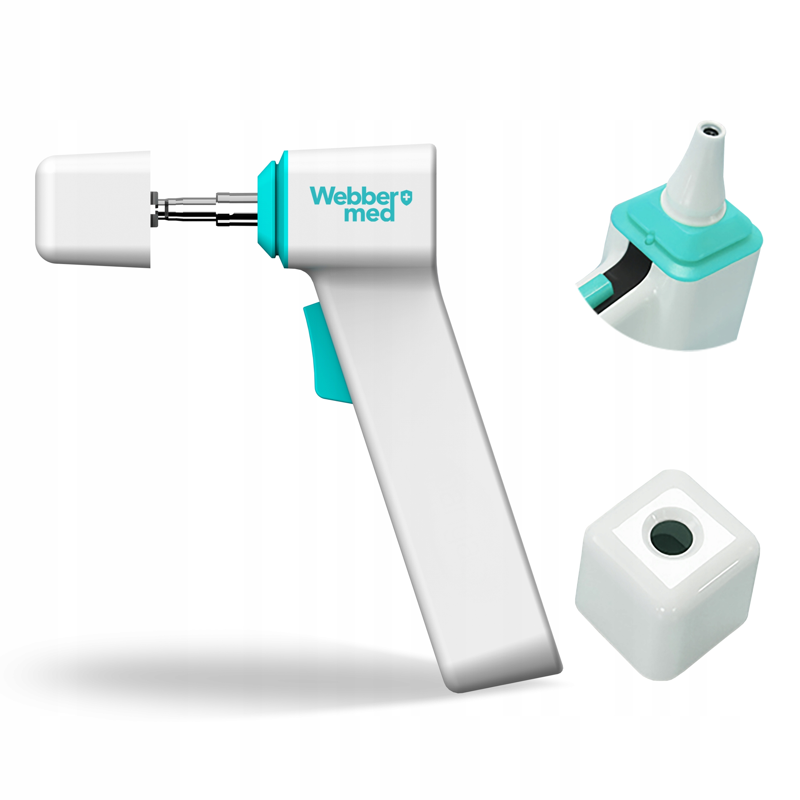 Urządzenie medyczne. Białe i turkusowe narzędzie do czyszczenia uszu, z oddzielnymi częściami. Logo Webber med.