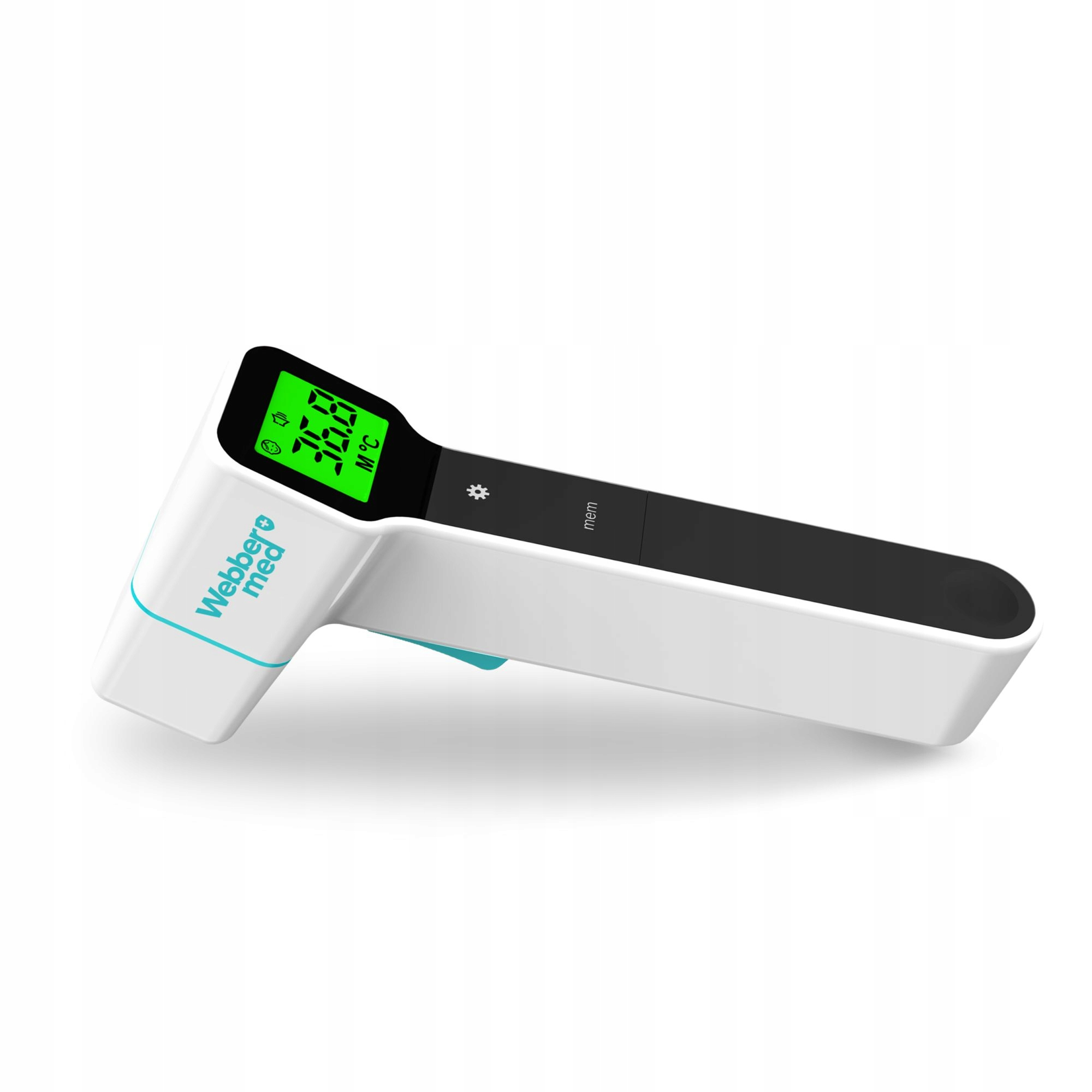 Biało-czarny termometr Webber med wyświetla 76,8°C na zielonym ekranie. Tło jest białe.