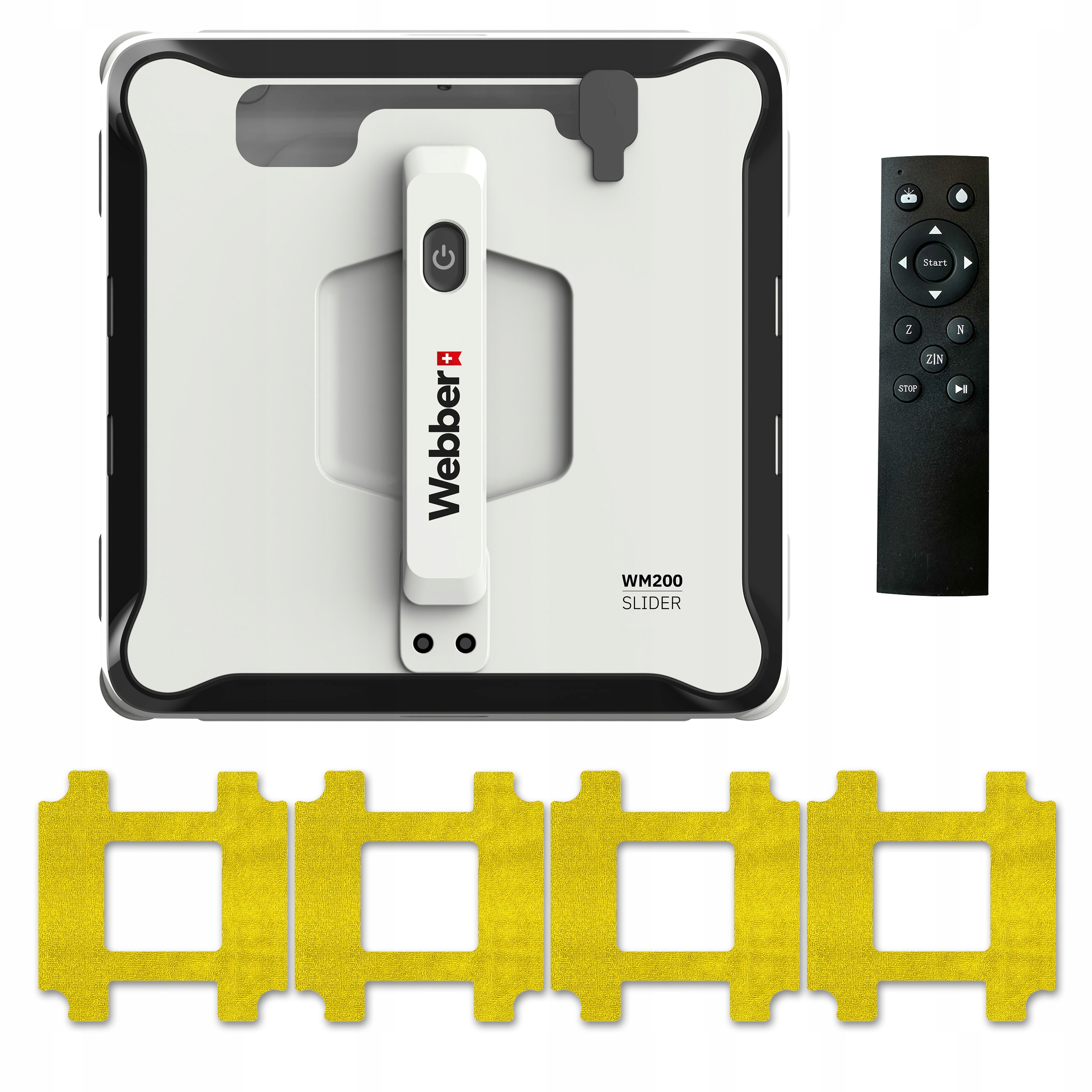 Biało-czyszczący do okien, pilot i żółte pady czyszczące na białym tle.