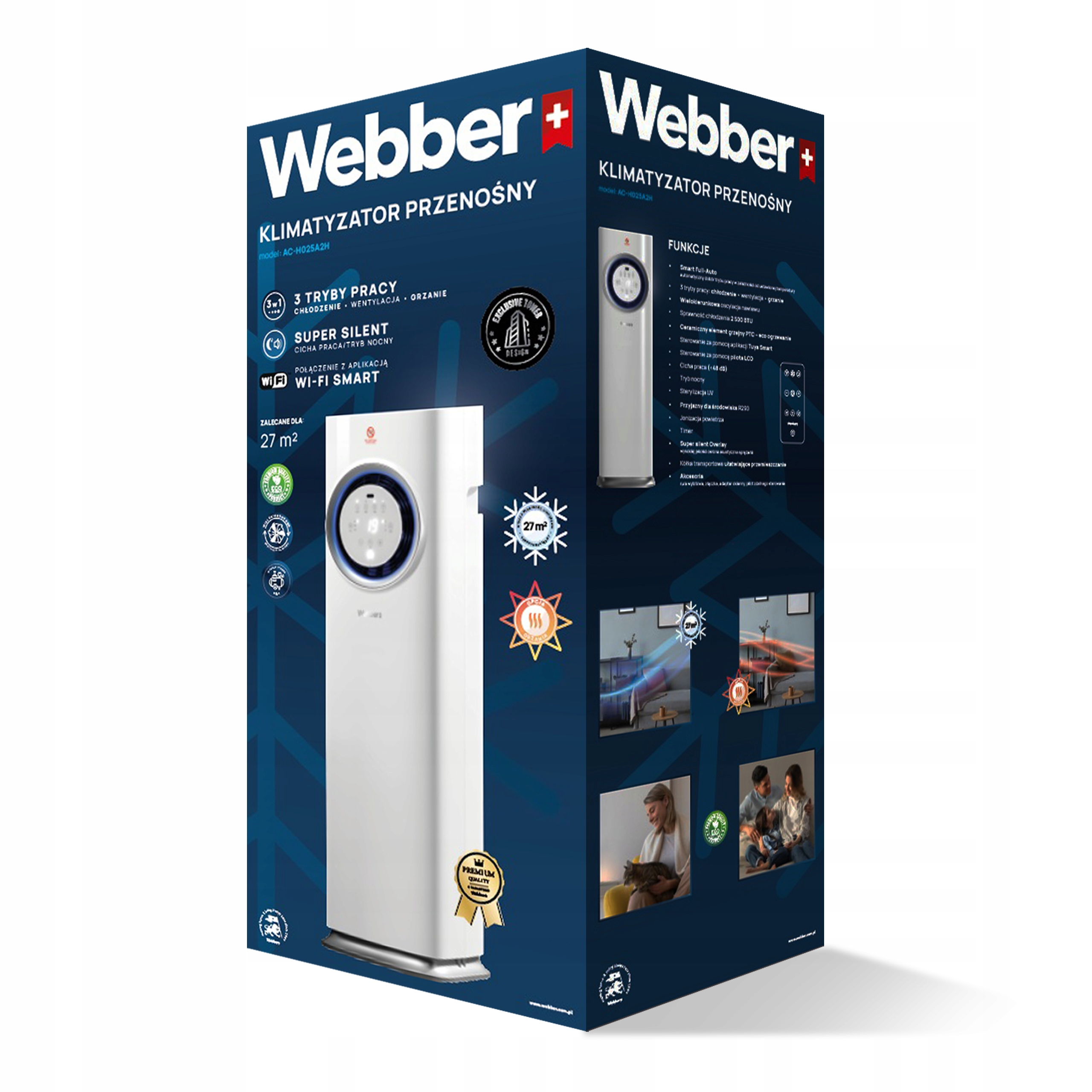 Białe pudełko klimatyzatora przenośnego Webber. Funkcje obejmują chłodzenie, ogrzewanie i wentylację.