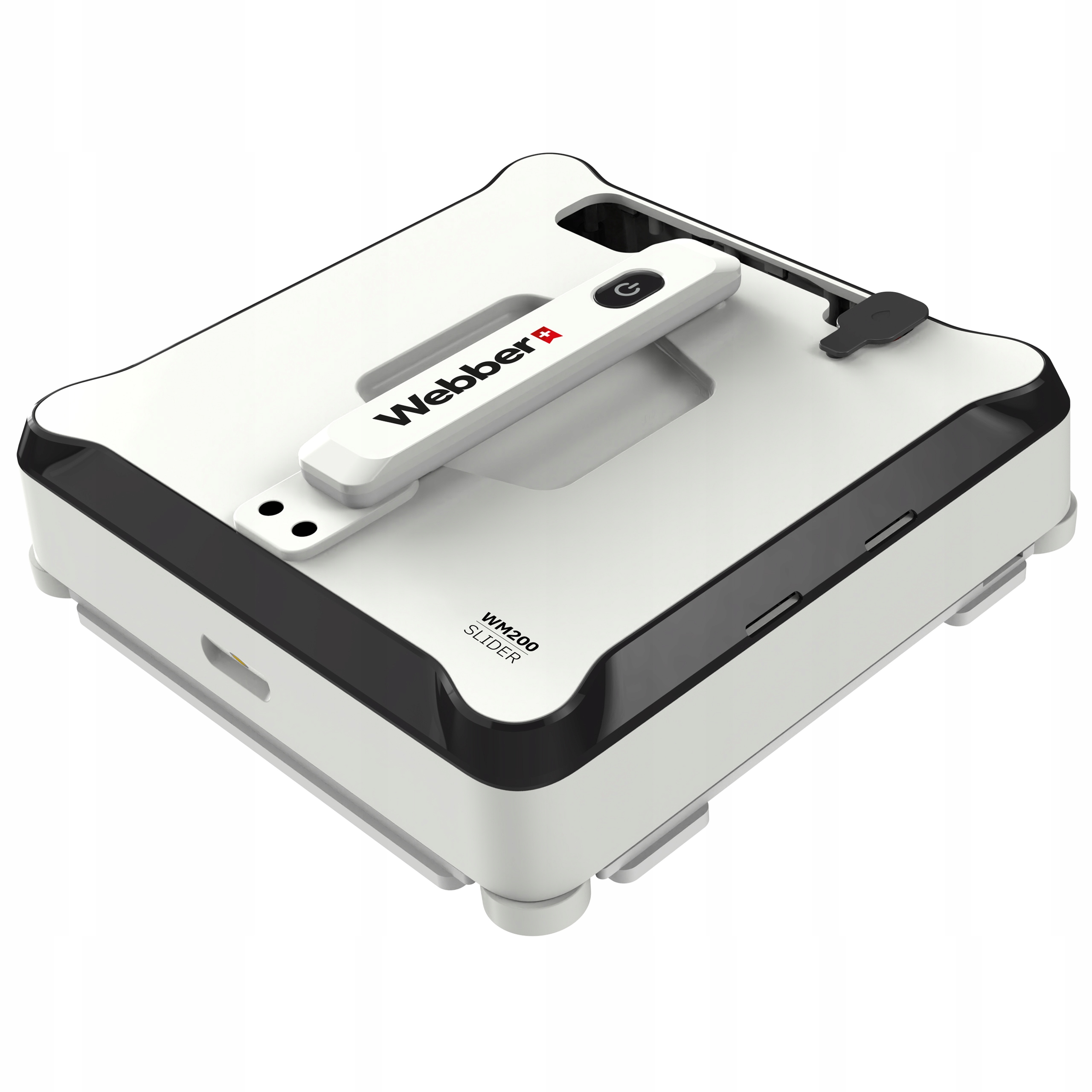 Biało-czarny robot do mycia okien Webber WM200 SLIDER. Posiada przycisk zasilania i logo Webber.