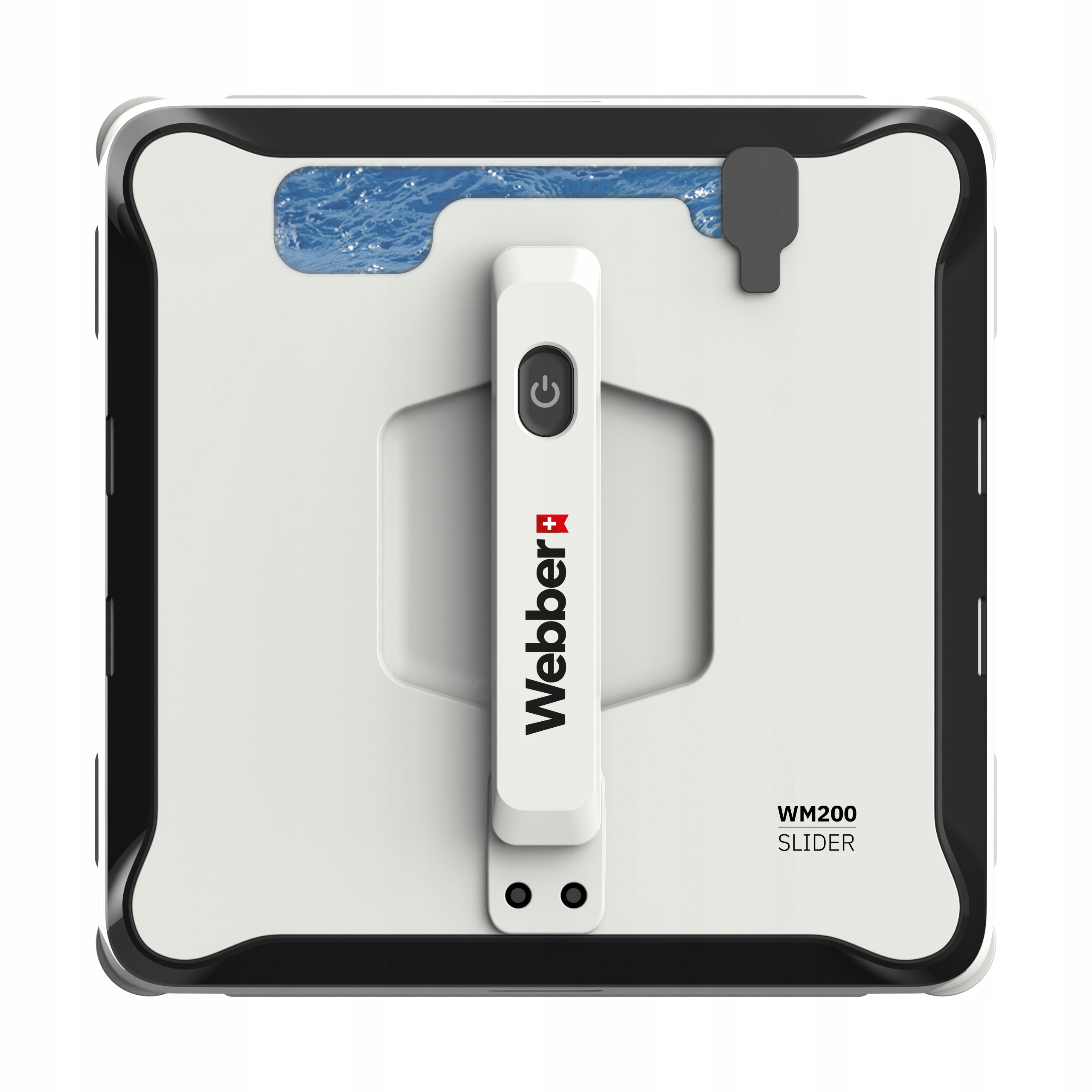 Biało-czarny środek do czyszczenia okien. Ma uchwyt z przyciskiem zasilania i nazwą marki Webber.