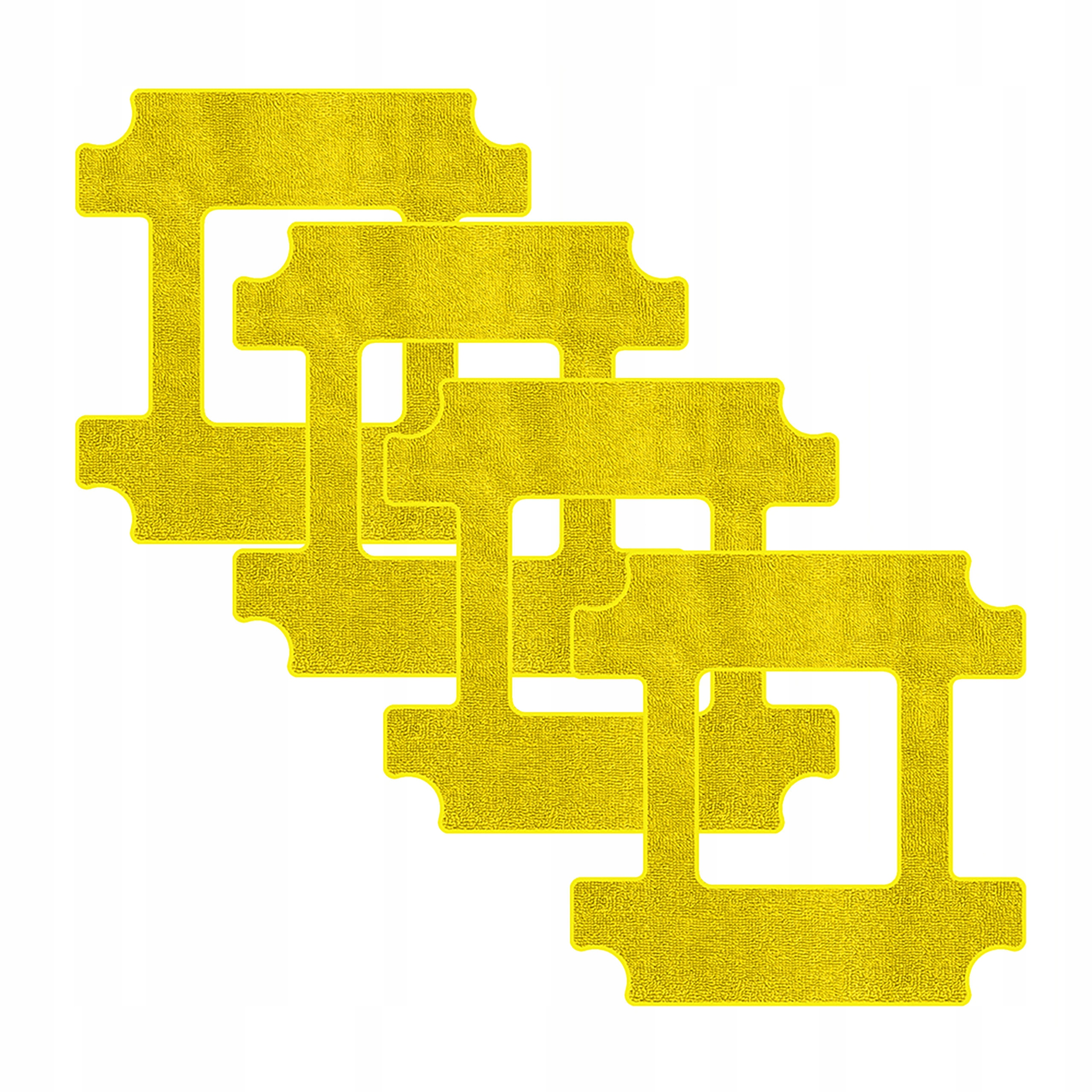 Cztery żółte, ukształtowane pady czyszczące na białym tle. Pady mają teksturowaną powierzchnię.