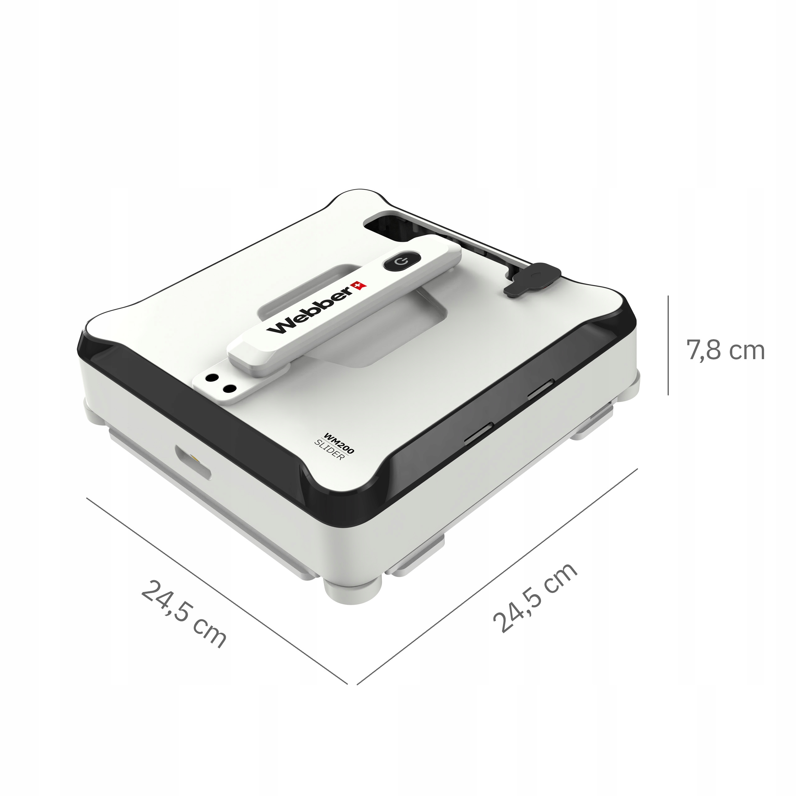 Biało-czarny odkurzacz do okien Webber. Wymiary: 24,5 cm x 24,5 cm x 7,8 cm.