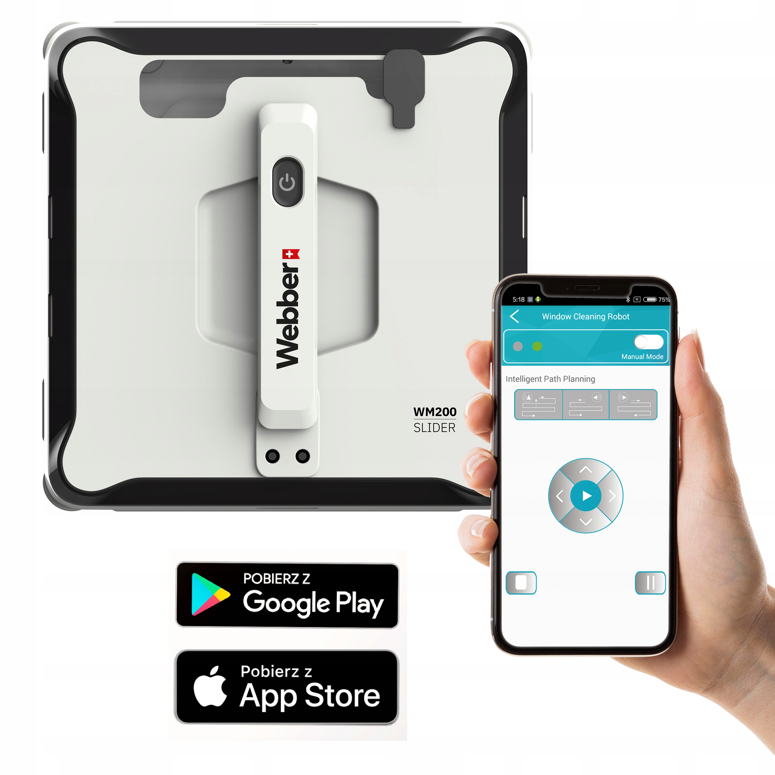 Robot do czyszczenia okien z interfejsem aplikacji na smartfonie. Ikony Google Play i App Store.