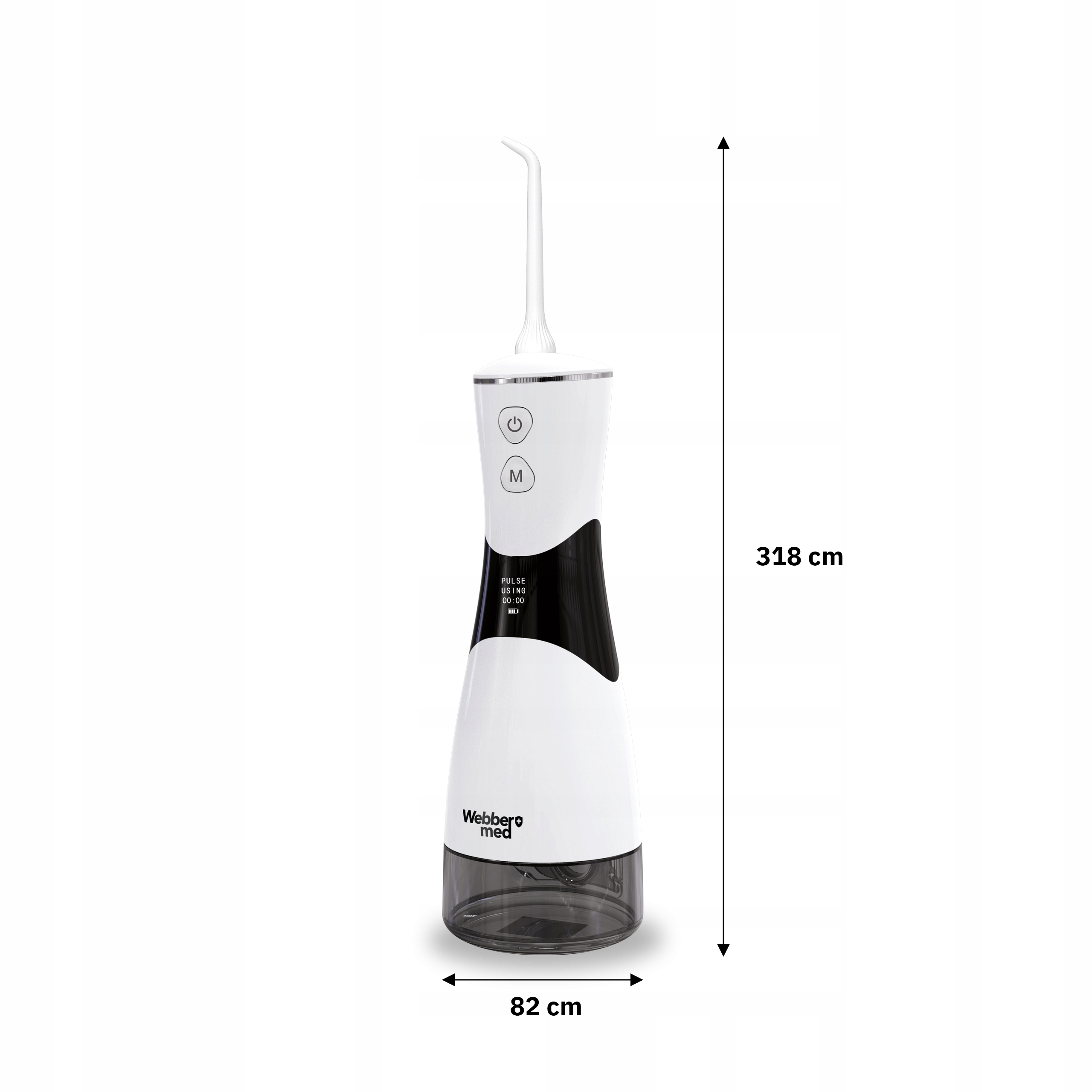 Un idropulsore bianco e nero con un lungo ugello. È etichettato 'Webbere med' e ha delle dimensioni.