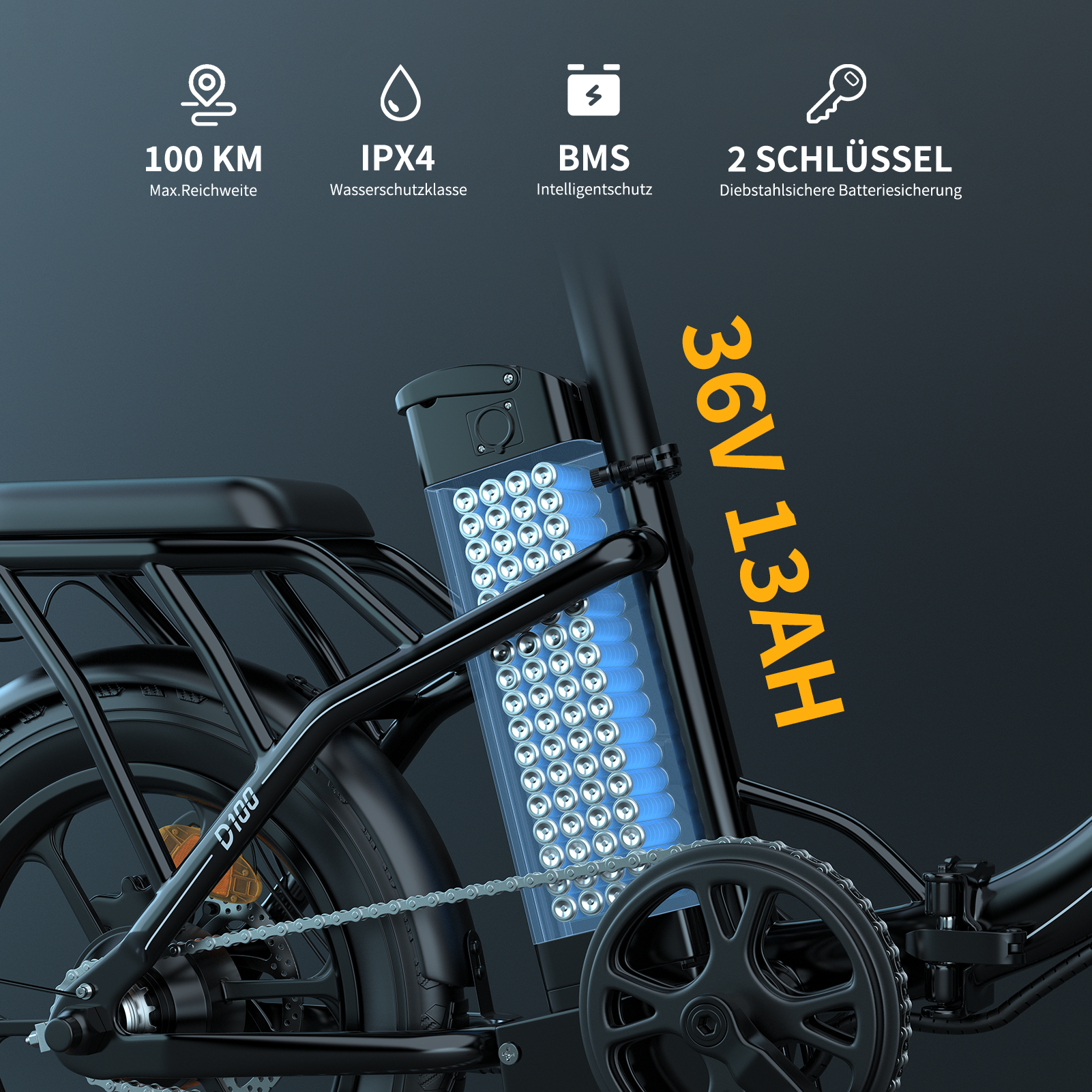Schwarzes Elektrofahrrad-Detail, Akkupack mit blauen Zellen und Spezifikationen inklusive 36V 13AH.