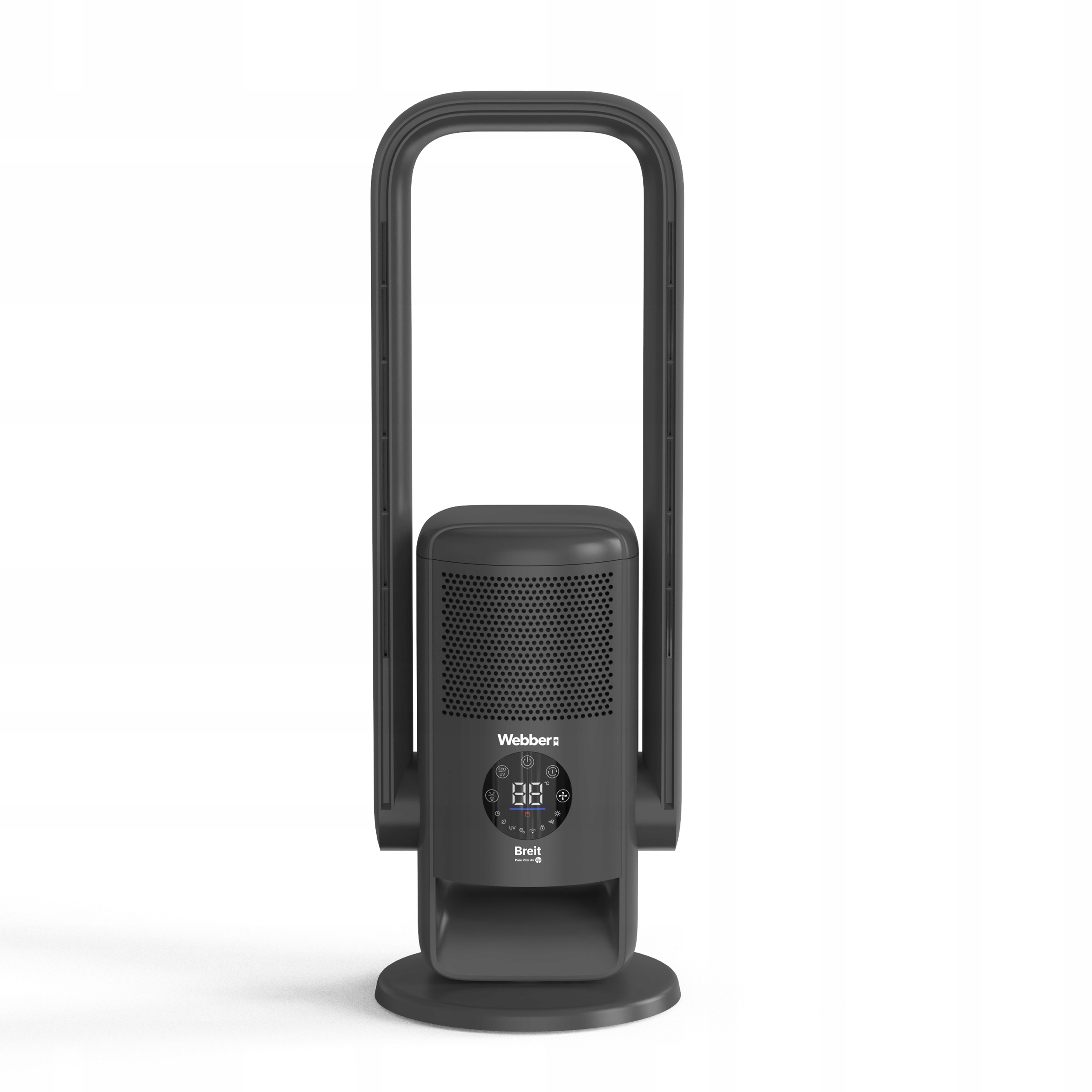 Ciemnoszary oczyszczacz powietrza Webber's Breit. Ma cyfrowy wyświetlacz i zakrzywiony uchwyt.