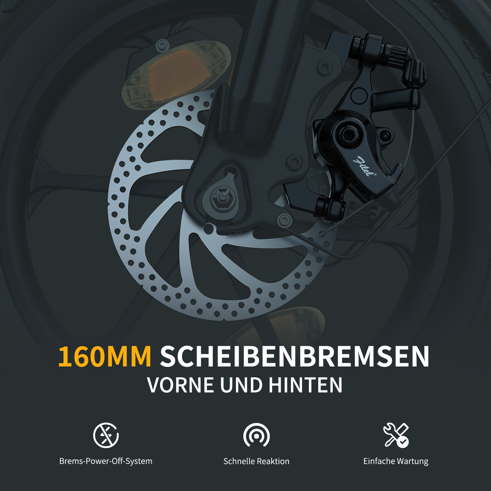 Nahaufnahme eines Fahrrad-Scheibenbremssystems mit Text: 160MM SCHEIBENBREMSEN.