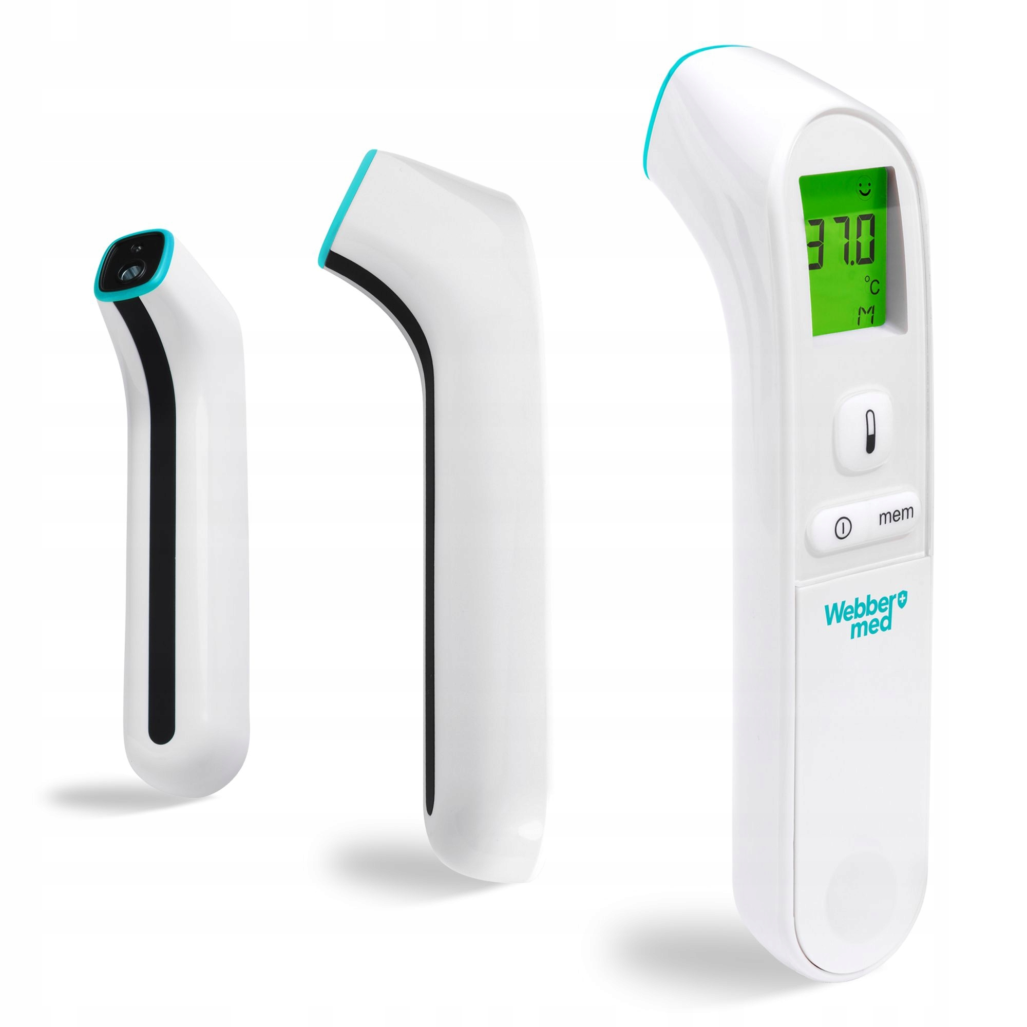 Trzy białe termometry z niebieskimi akcentami. Jeden pokazuje 37,0 stopni Celsjusza. Widoczne logo Webber med.
