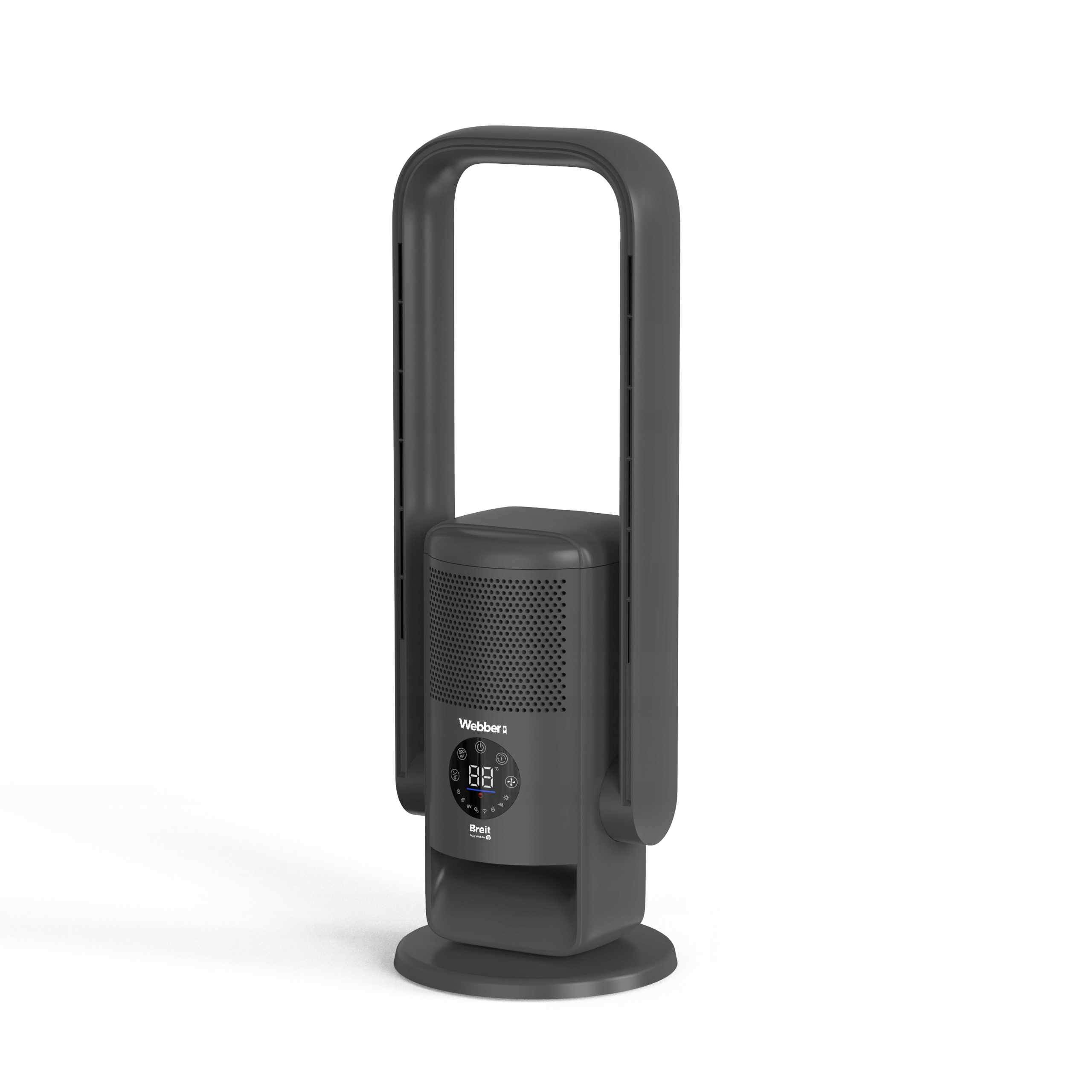 Ciemnoszary wentylator Webber z zakrzywionym uchwytem i cyfrowym wyświetlaczem na białym tle.