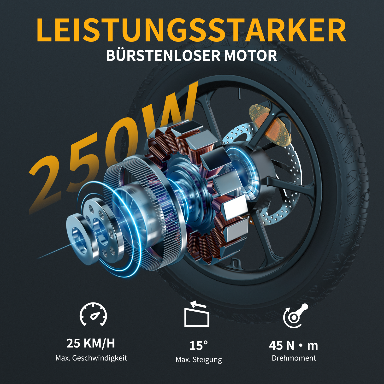 Das Bild zeigt einen Elektromotor mit Spezifikationen wie 250W, 25 km/h max. Geschwindigkeit, 15° max. Steigung und 45 N•m Drehmoment.