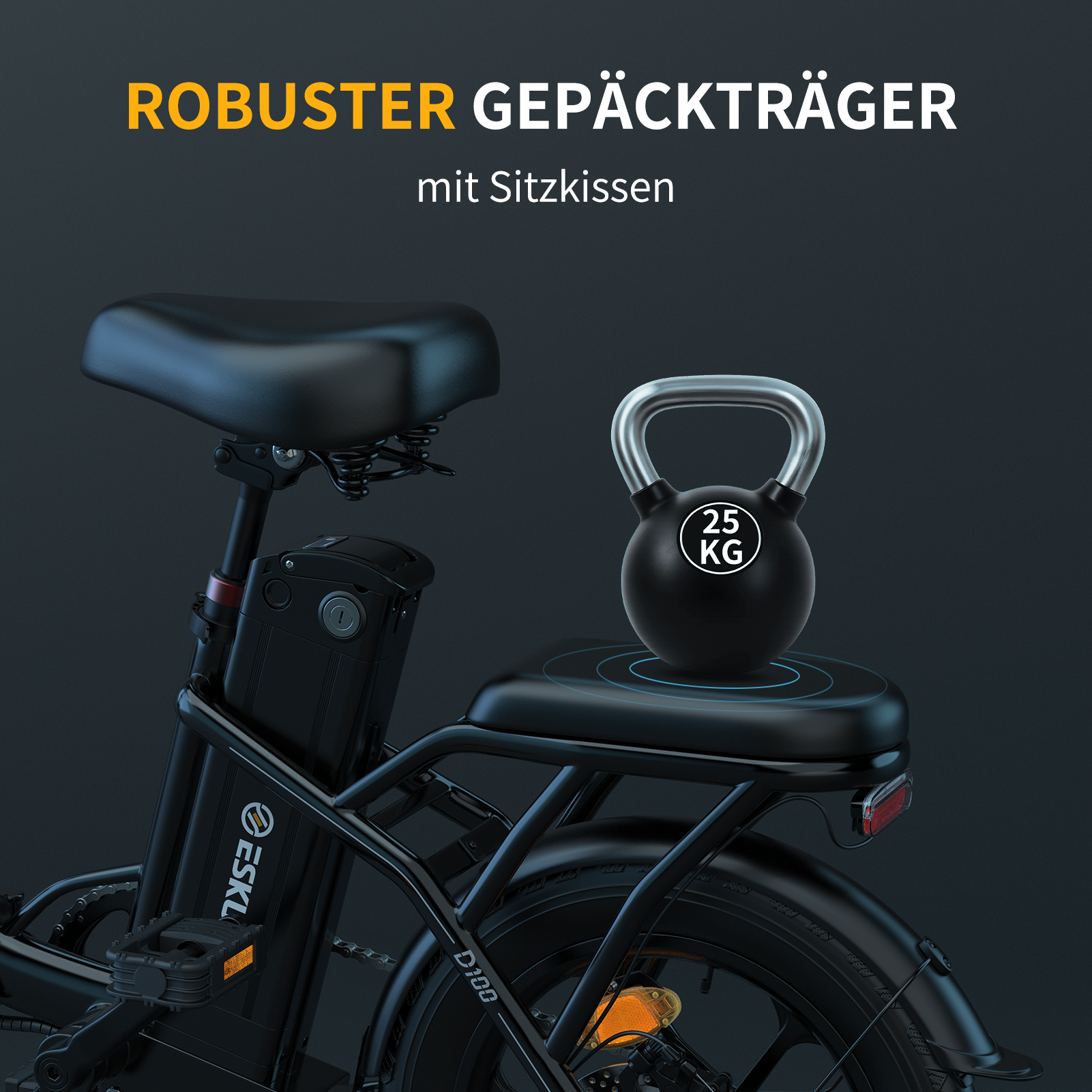 Schwarzes E-Bike mit einer Hantel auf dem Rücksitz. Text oben: 'robuster Gepäckträger mit Sitzkissen'.