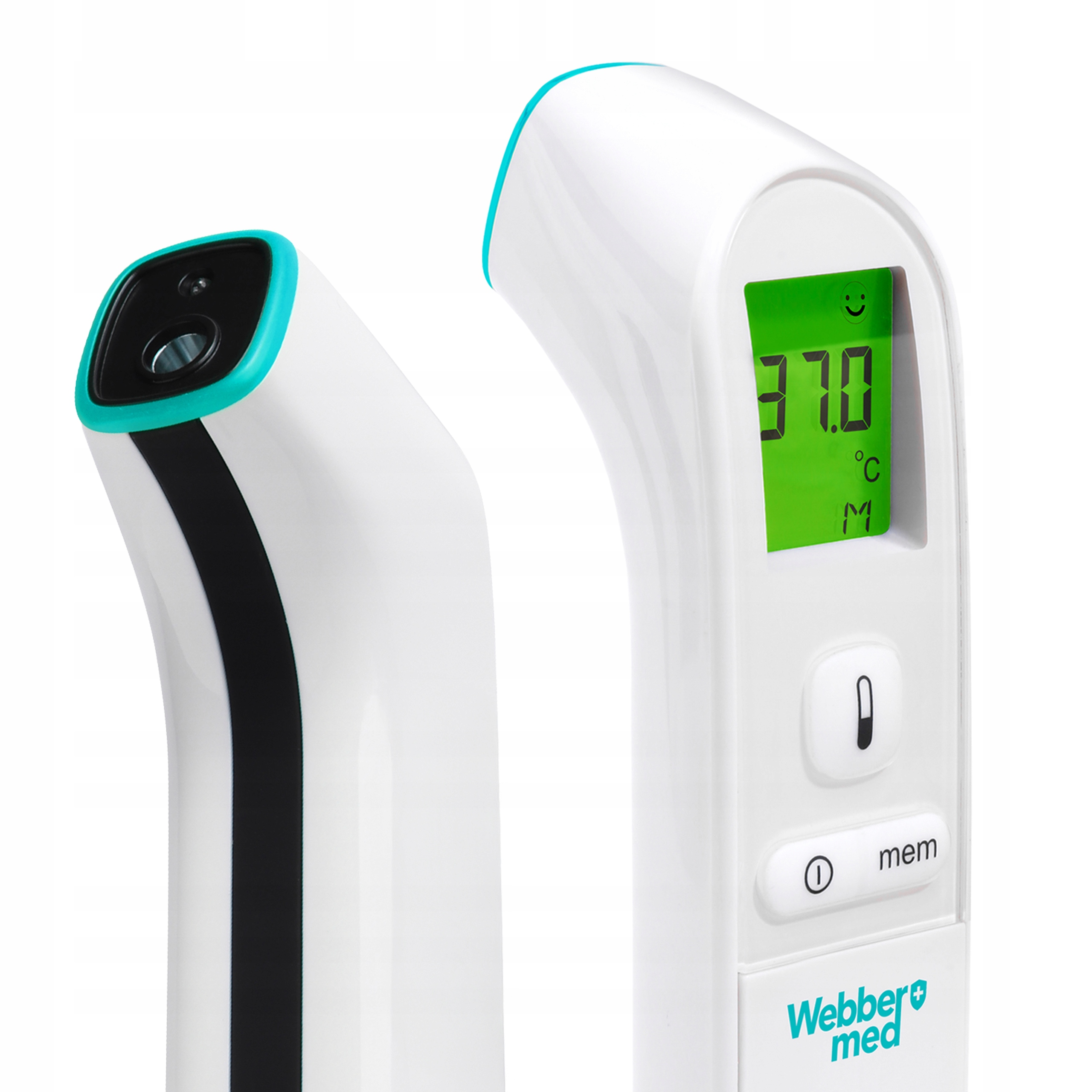 Dwa białe termometry na podczerwień. Jeden pokazuje 37,0 stopni Celsjusza. Turkusowe i czarne akcenty. Marka to Webber med.