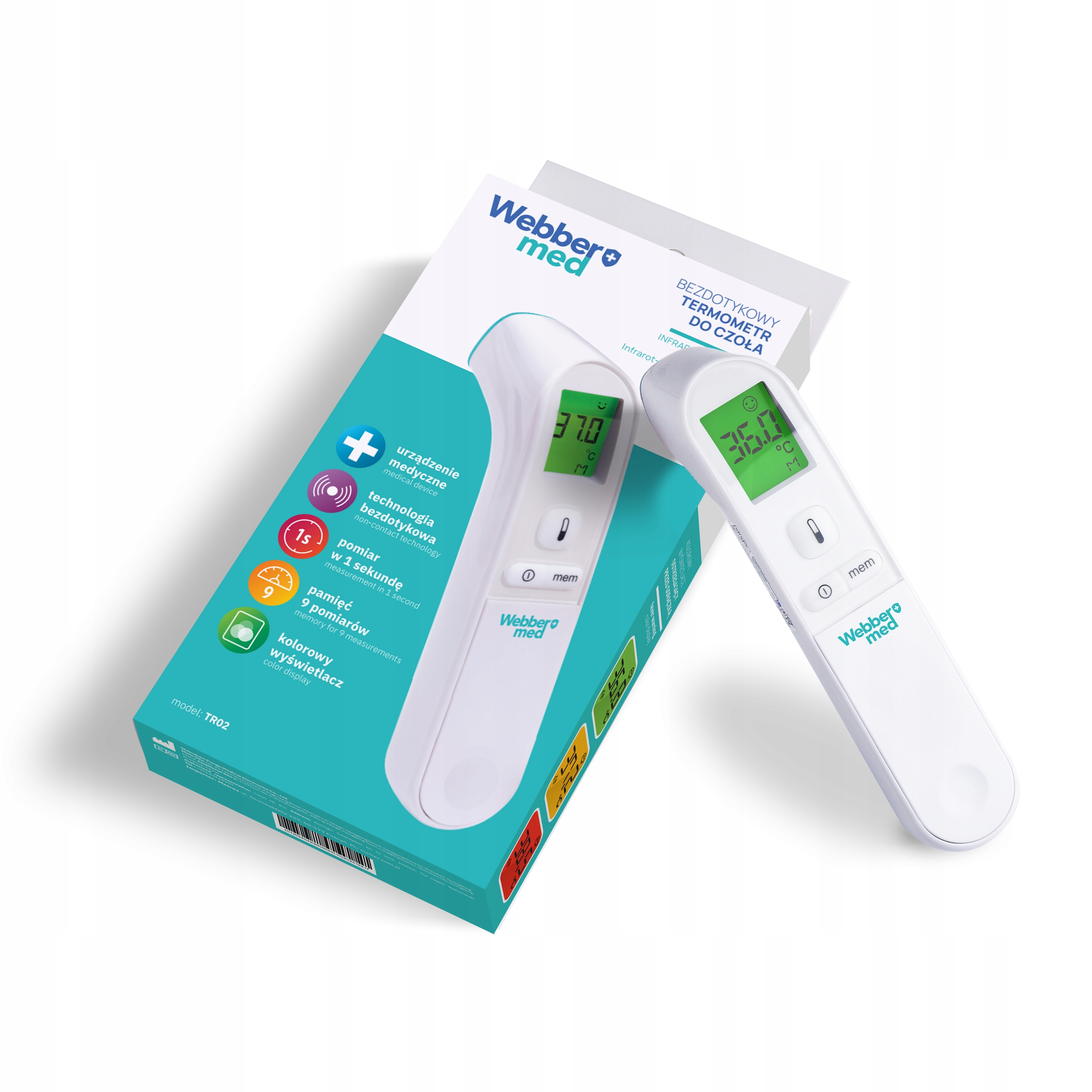 Białe i turkusowe pudełko z termometrem na podczerwień. Termometr wskazuje temperaturę 37,0°C.