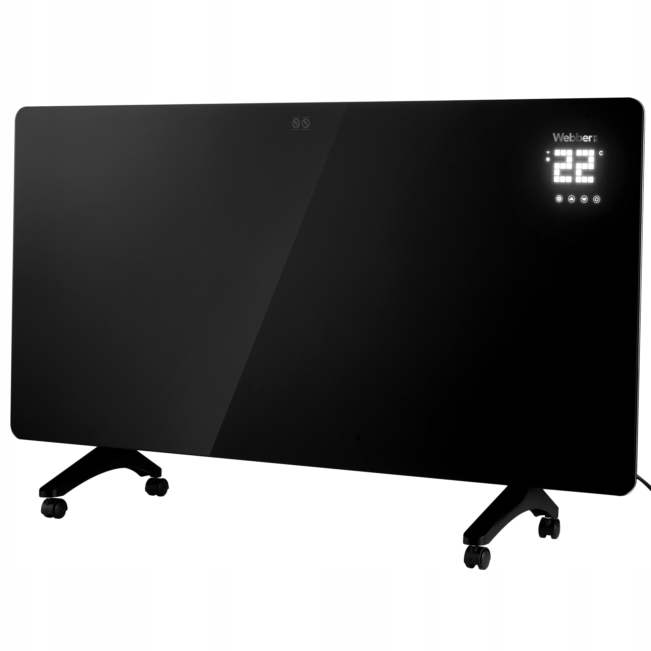 Czarny grzejnik elektryczny Webber z cyfrowym wyświetlaczem pokazującym 22 stopnie. Ma kółka.