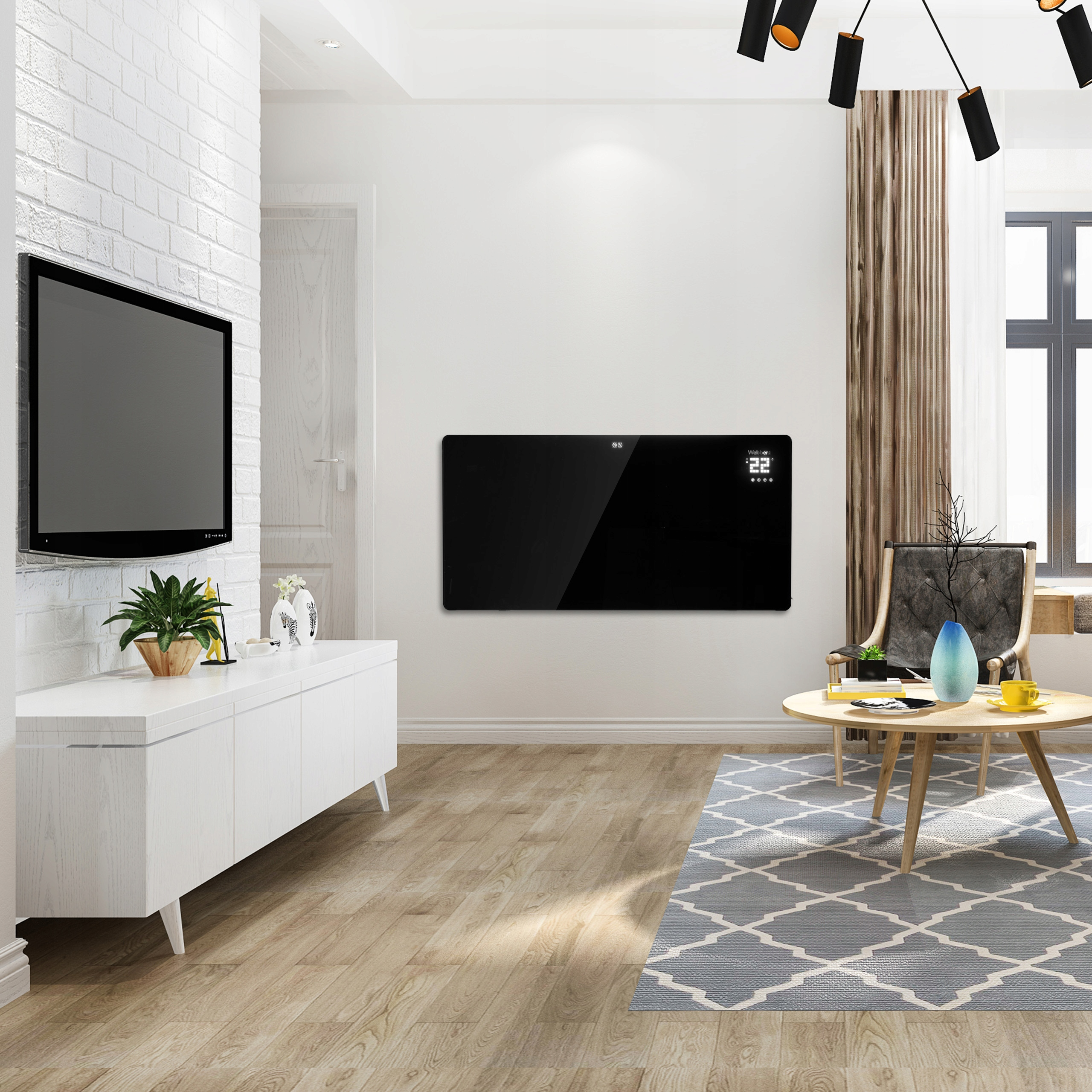 Salon z telewizorem, białą szafką, czarnym grzejnikiem, okrągłym stołem, szarym dywanem, drewnianą podłogą i oknem.