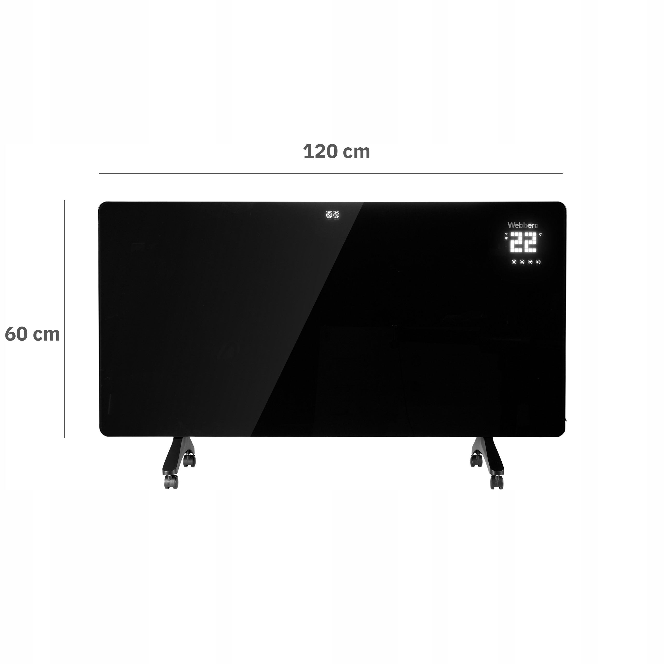 Czarny grzejnik Webber z cyfrowym wyświetlaczem pokazującym 22 stopnie. Grzejnik jest na kółkach i mierzy 120x60 cm.
