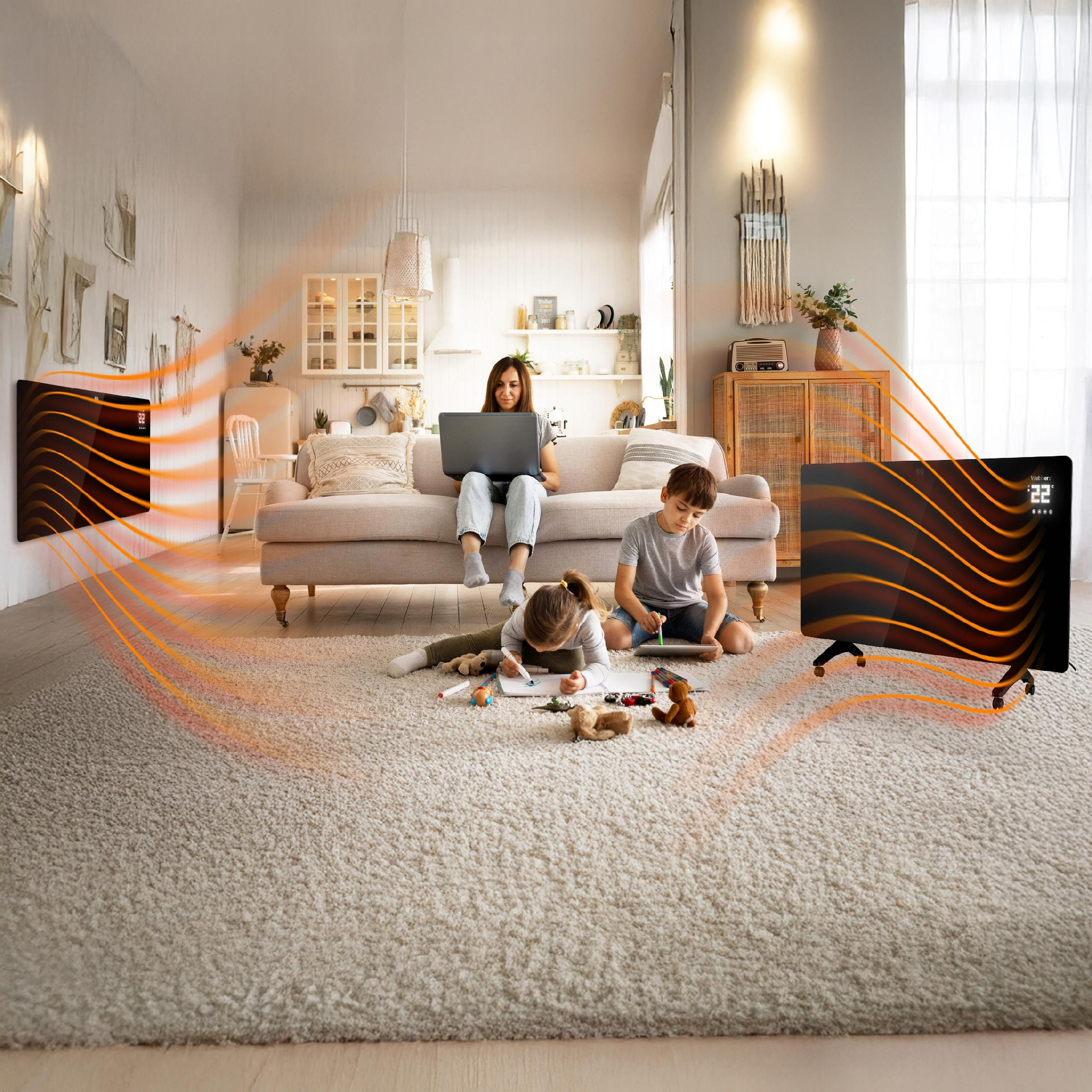 Rodzina w salonie z grzejnikami. Mama na kanapie z laptopem, dzieci rysują i używają tabletu. Ciepłe tony.