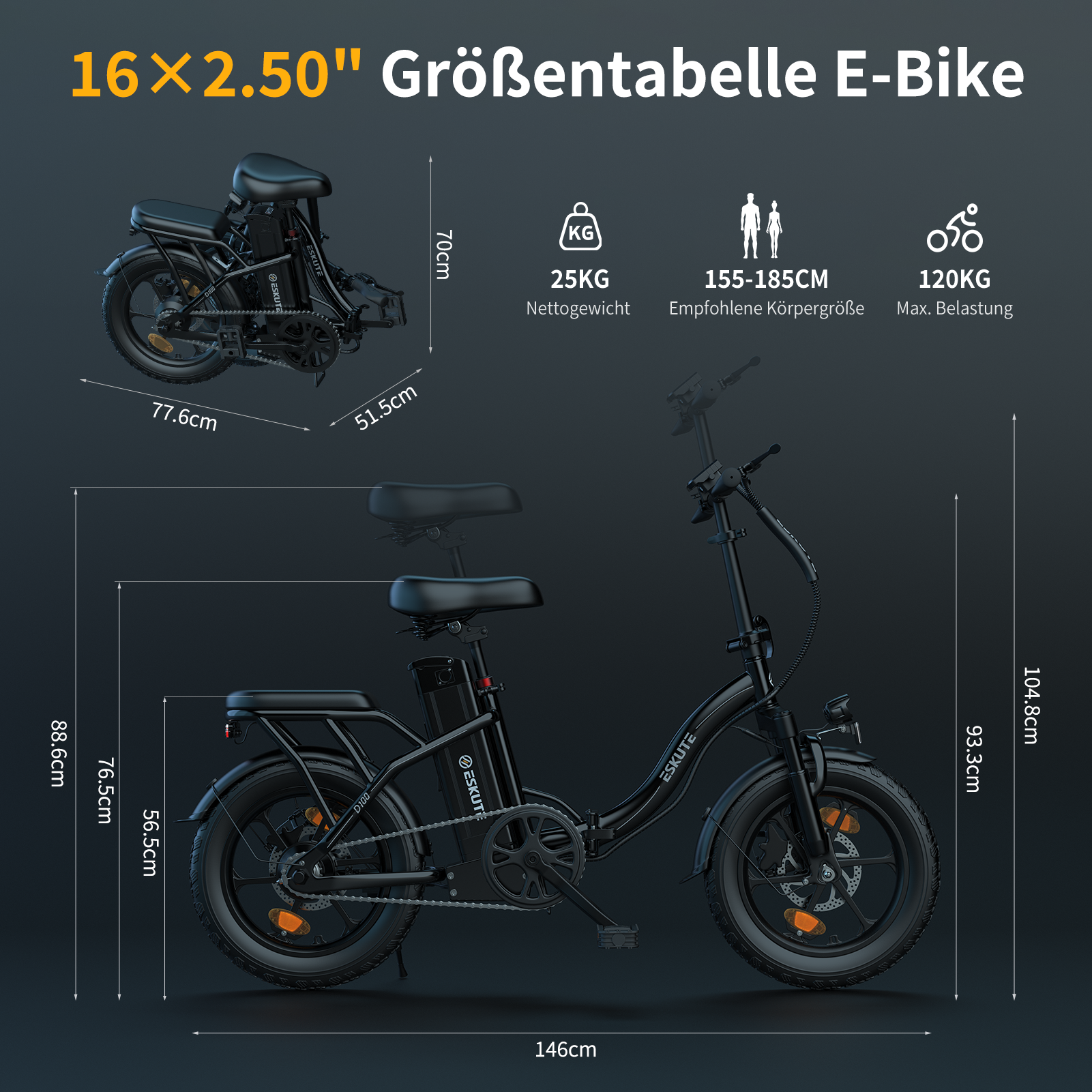 Schwarzes Elektrofahrrad mit Maßangaben. Text enthält: 25 kg Gewicht, 155-185 cm Höhe, 120 kg max. Belastung.