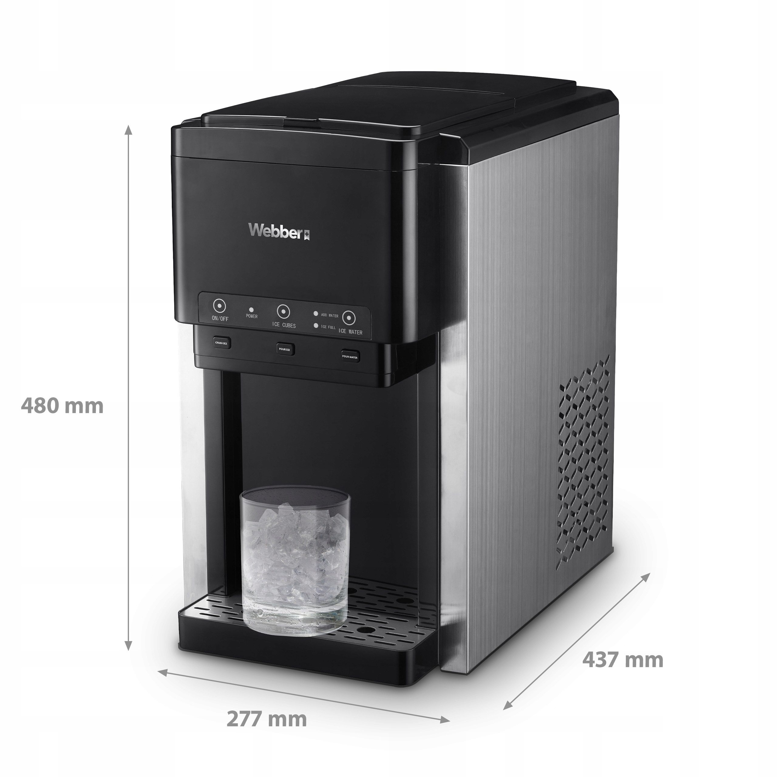 Kostkarka do lodu ze szklanką lodu. Jest czarna i srebrna, ma przyciski. Wyświetlane są wymiary.