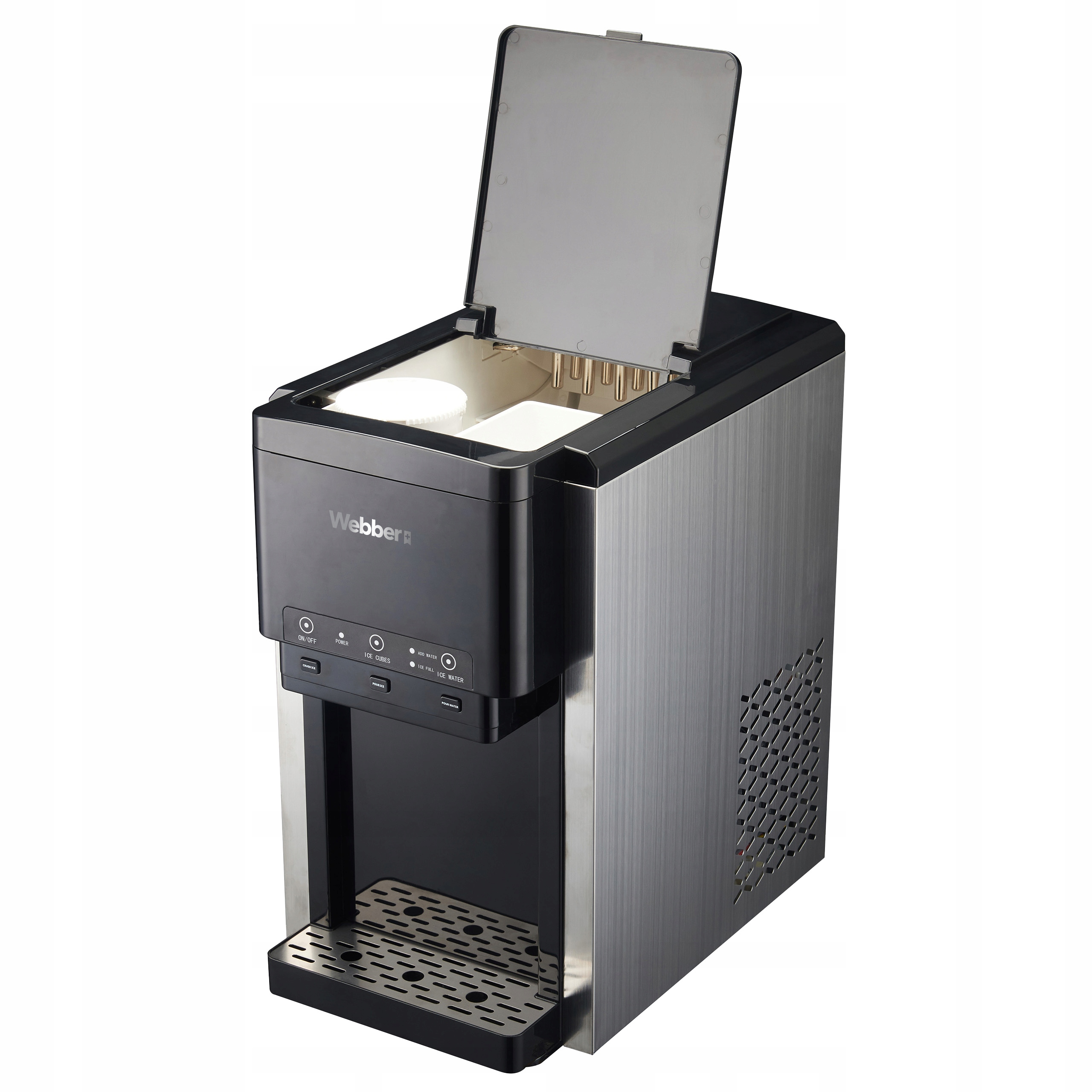 Srebrny i czarny dystrybutor wody. Górna pokrywa jest otwarta. Ma przyciski sterujące. Marka to Webber.