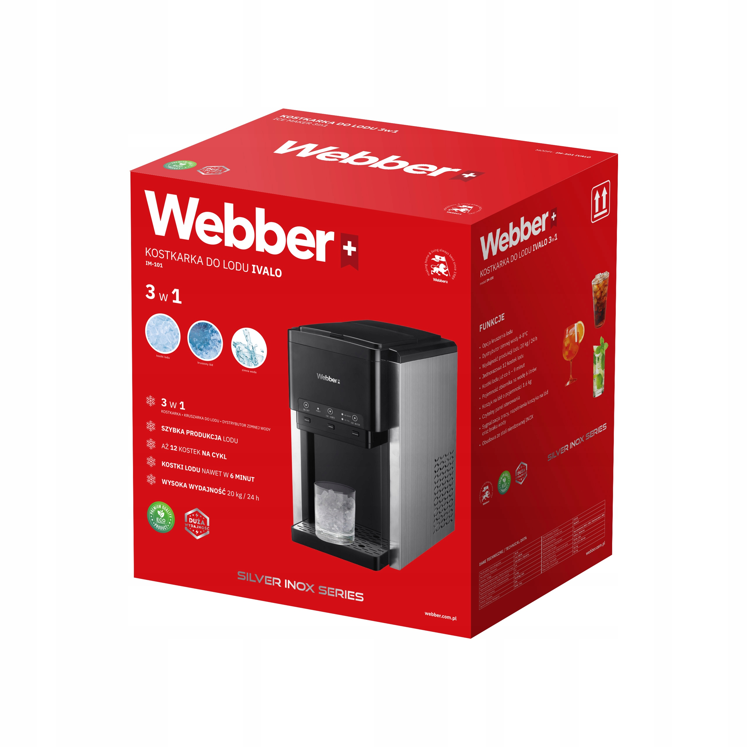 Pudełko do kostkarki do lodu Webber. Kostkarka jest czarna i srebrna. Pudełko jest czerwone i zawiera informacje o produkcie.