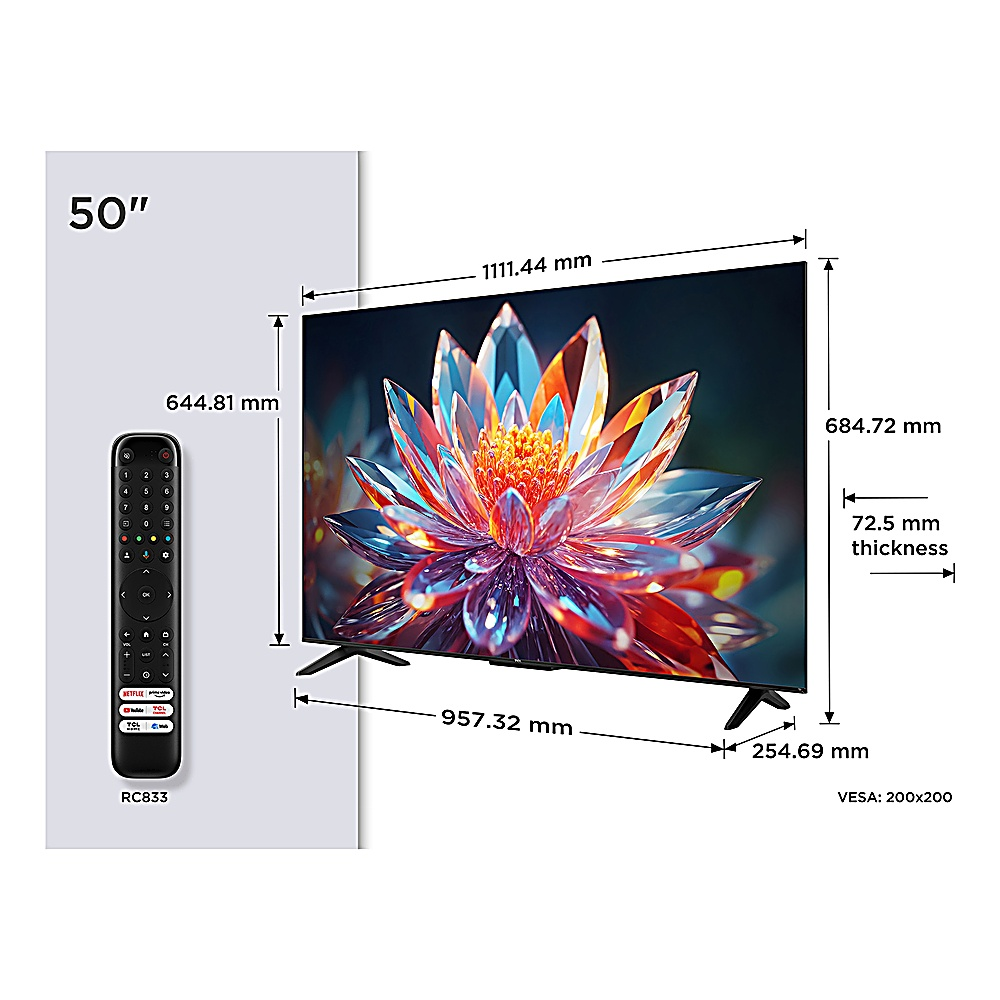 Una TV da 50" con telecomando. Le dimensioni sono indicate. Lo schermo mostra un design floreale astratto colorato.