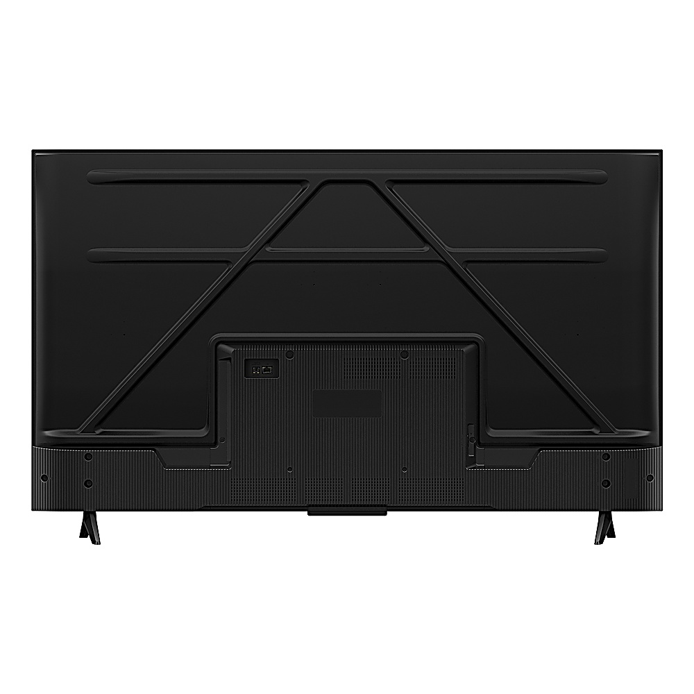 Vista posteriore di una TV nera. Un telaio in metallo supporta il pannello. Sono presenti porte, un ingresso di alimentazione e due gambe.