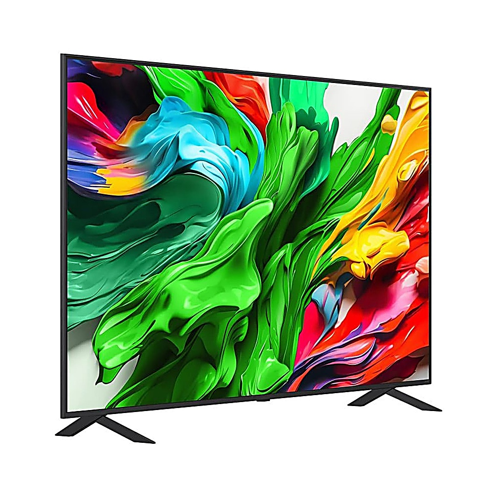 Un televisore a schermo piatto mostra arte astratta con colori verde, blu, giallo e rosso. Il televisore ha gambe e cornice nere.