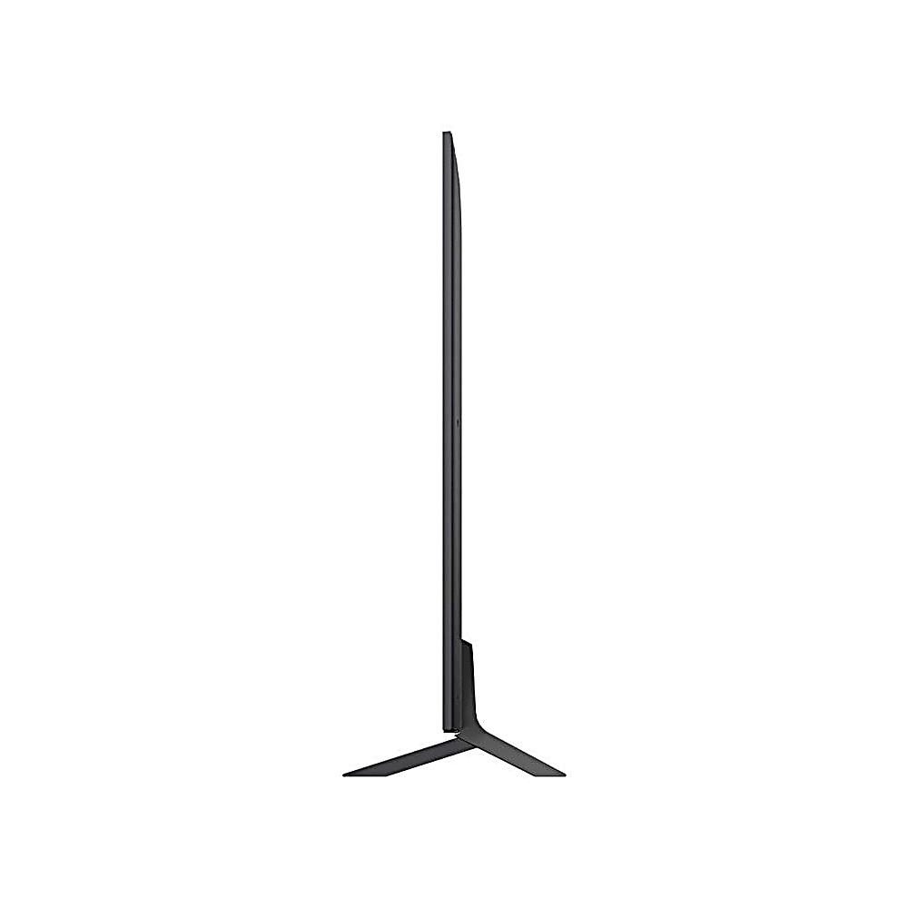 Vista laterale di una televisione nera e sottile su sfondo bianco. Il televisore è in posizione verticale e ha un supporto.