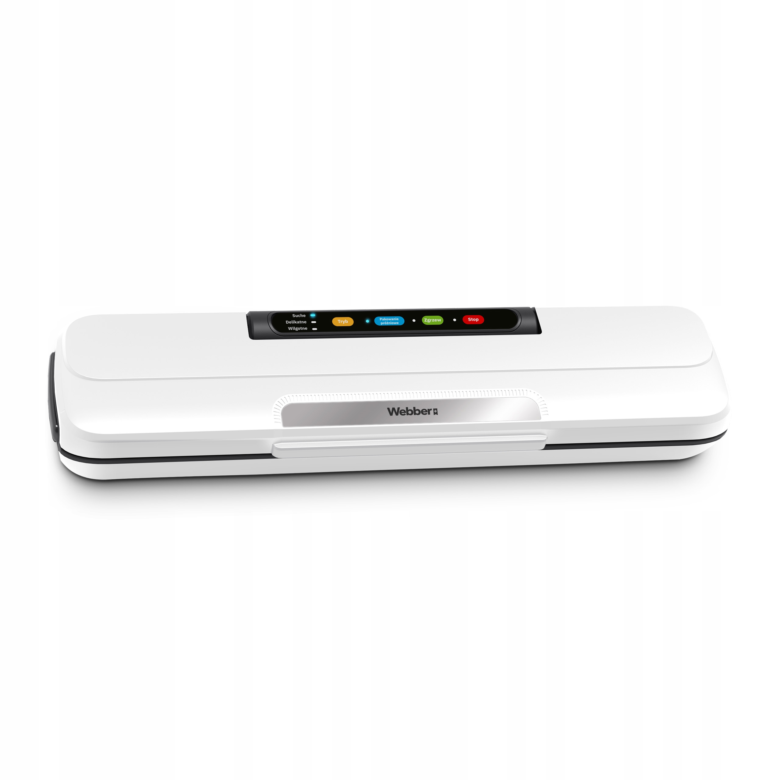 Biała zgrzewarka próżniowa z czarnymi akcentami. Posiada panel sterowania z przyciskami do różnych funkcji.