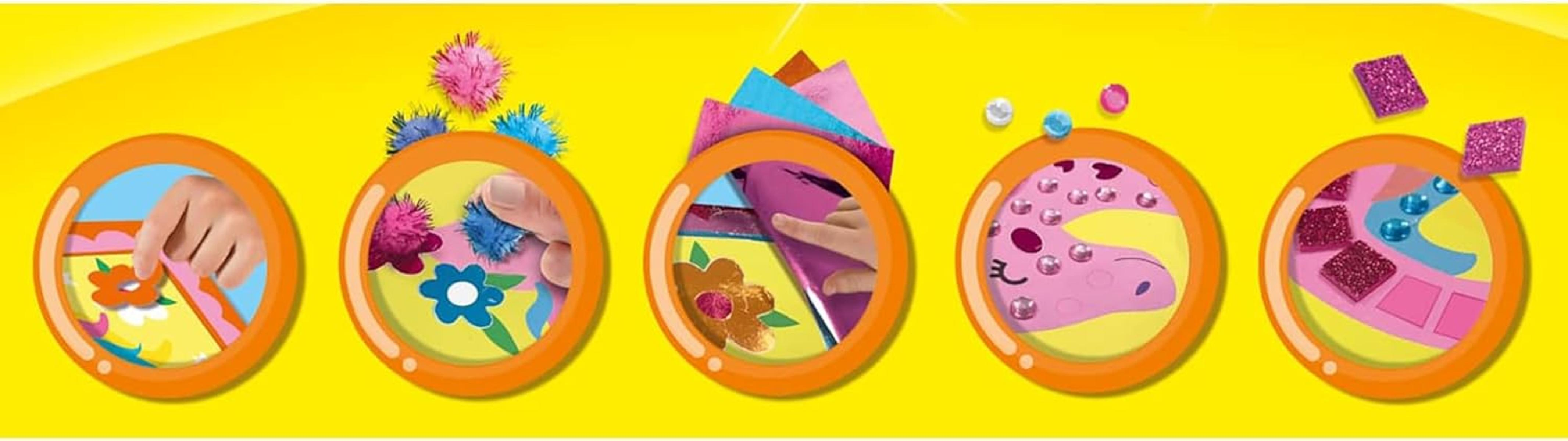 Obraz przedstawia etapy projektu rzemieślniczego z kolorowymi elementami, takimi jak kwiaty, pompony i wzór jednorożca.