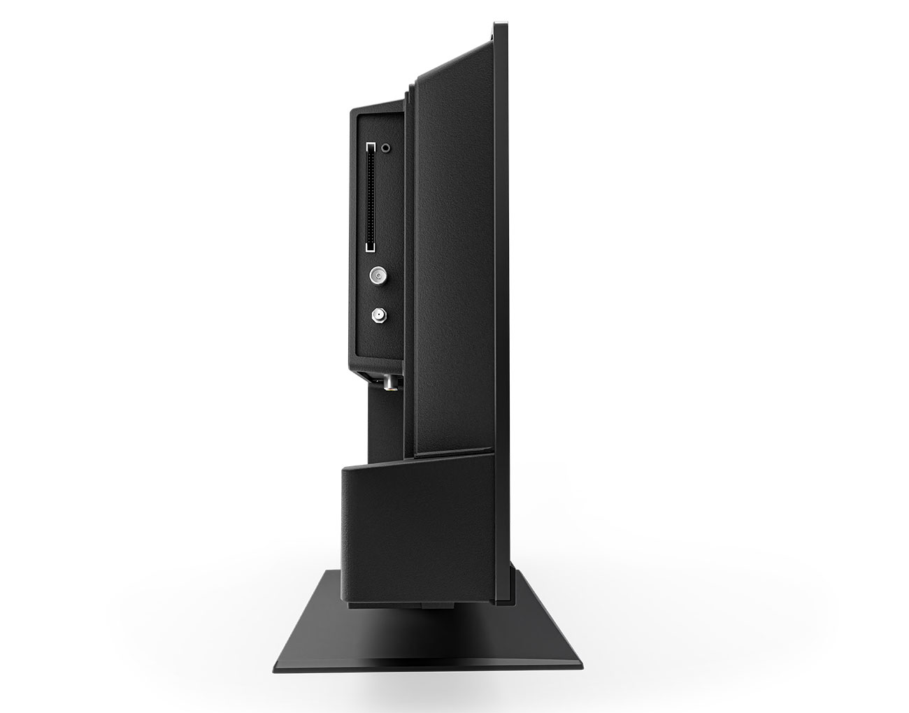 Seitenansicht eines schwarzen Fernsehers auf weißem Hintergrund. Sichtbar sind Anschlüsse, ein Ständer und der Bildschirmrand. Der Fernseher ist rechteckig.
