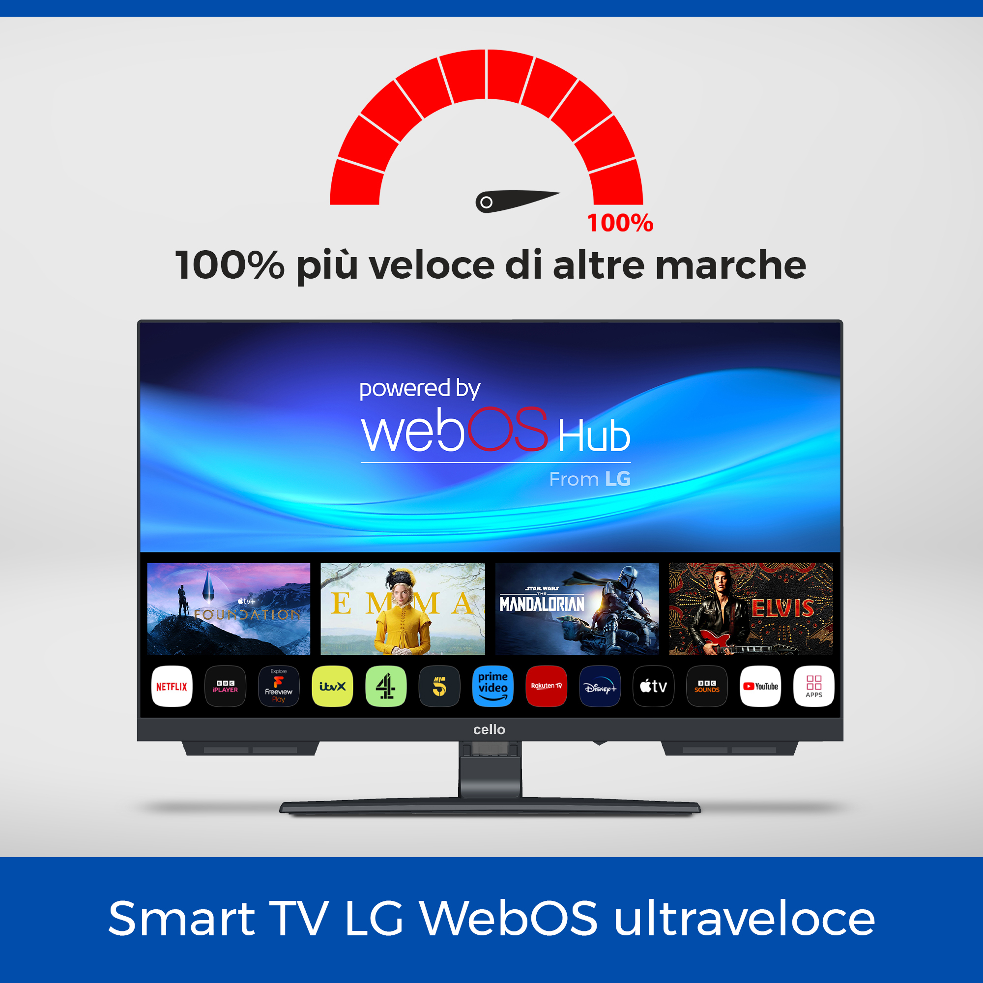 Smart-TV mit WebOS, zeigt Apps wie Netflix und Disney+. Der Bildschirm hat eine Geschwindigkeitsanzeige bei 100%.
