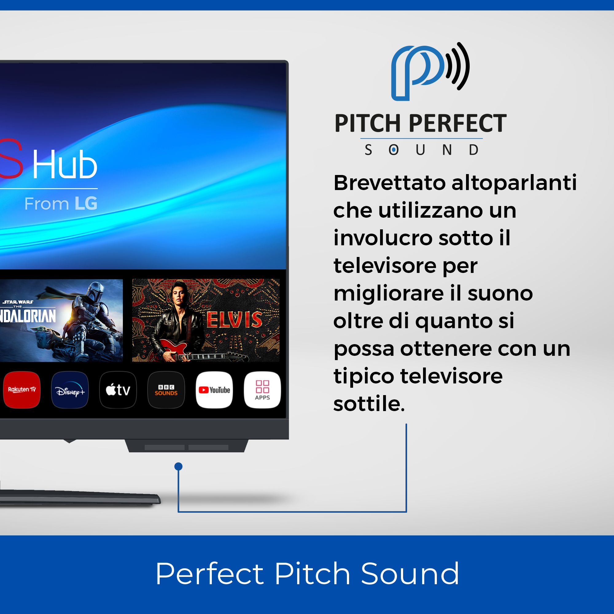 Fernsehbildschirm mit Film-Thumbnails und Logos. Der Text lautet "Pitch Perfect Sound" und "Perfect Pitch Sound."