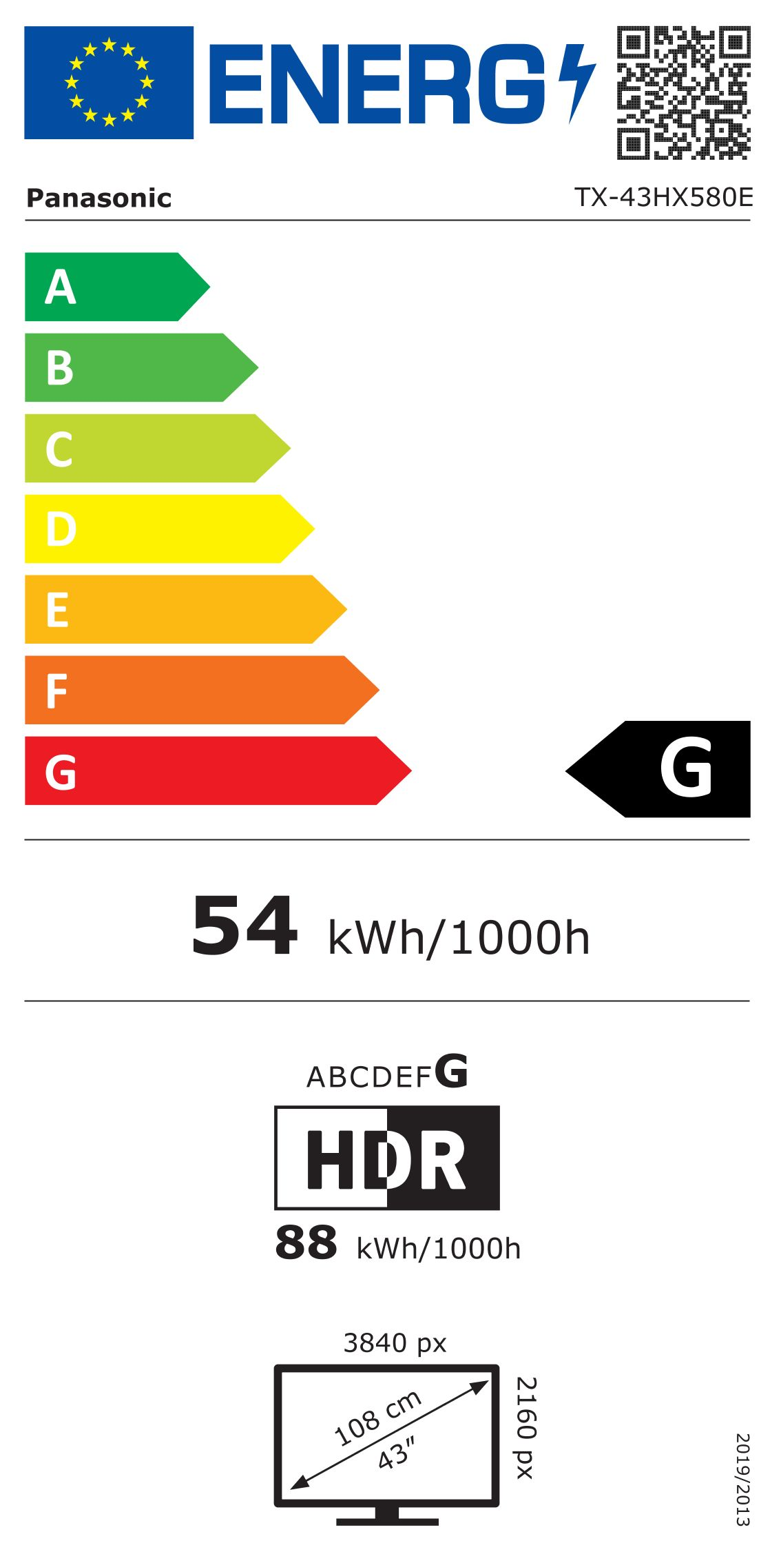 Etichetta energetica per TV Panasonic. Mostra efficienza energetica, dettagli modello e specifiche tecniche, inclusa la dimensione.