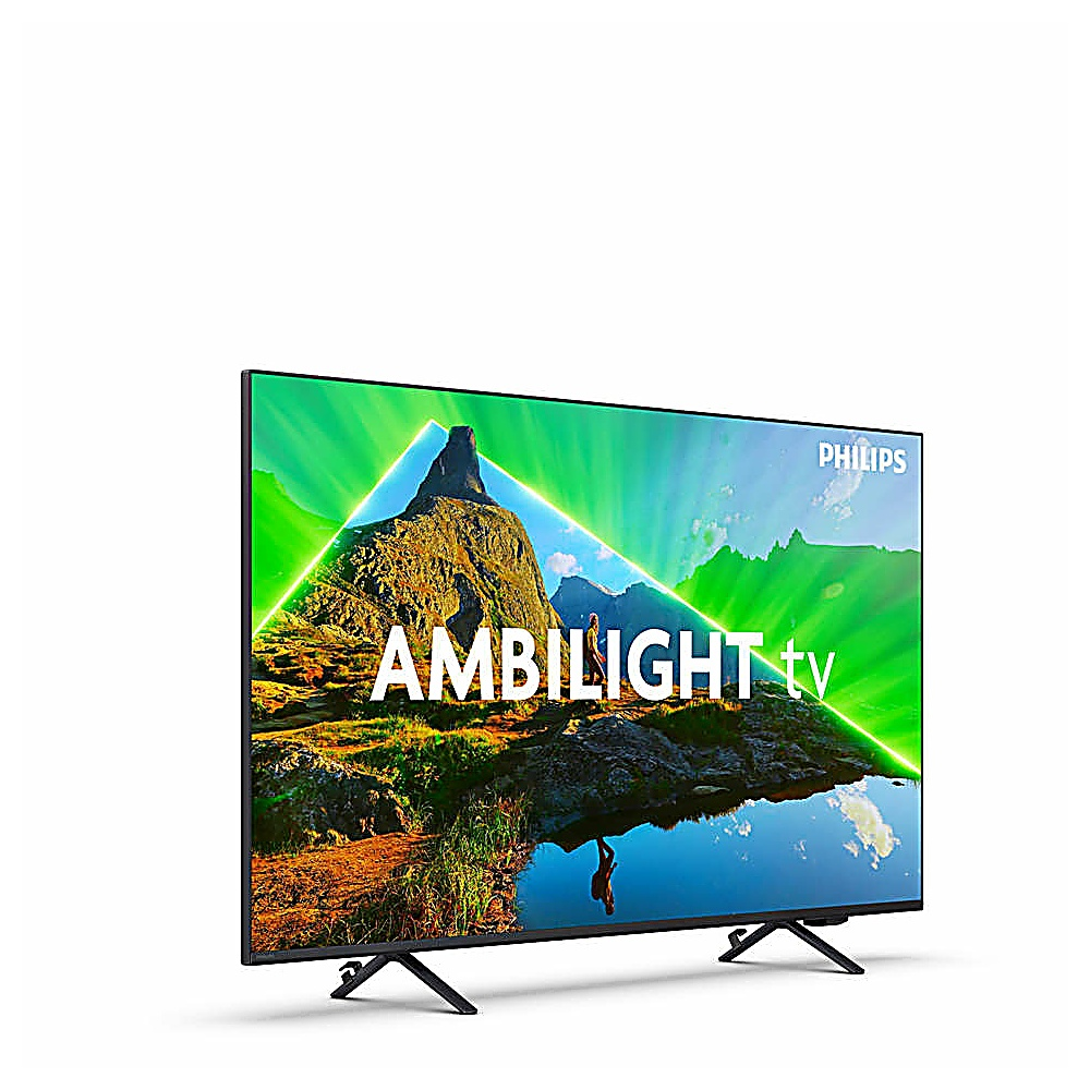 Un televisor Philips Ambilight muestra una escena de montaña con reflejo de agua. Texto verde y blanco 'AMBILIGHT tv' es visible.