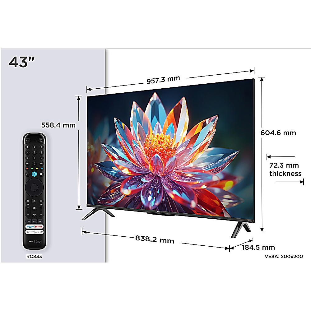 Un televisore TCL da 43 pollici con un display floreale colorato. Le dimensioni sono indicate, incluso un telecomando RC833 e VESA 200x200.