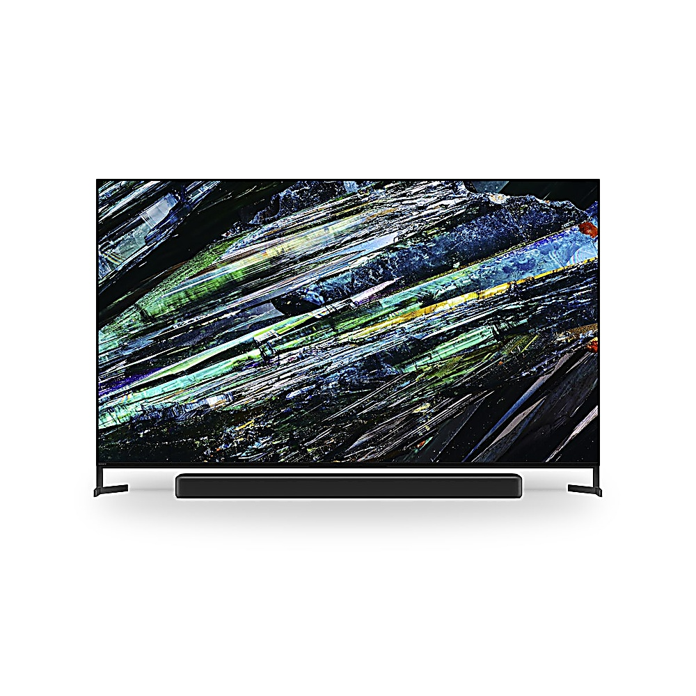 Un televisor grande muestra un patrón abstracto y colorido. Una barra de sonido negra está debajo del televisor.