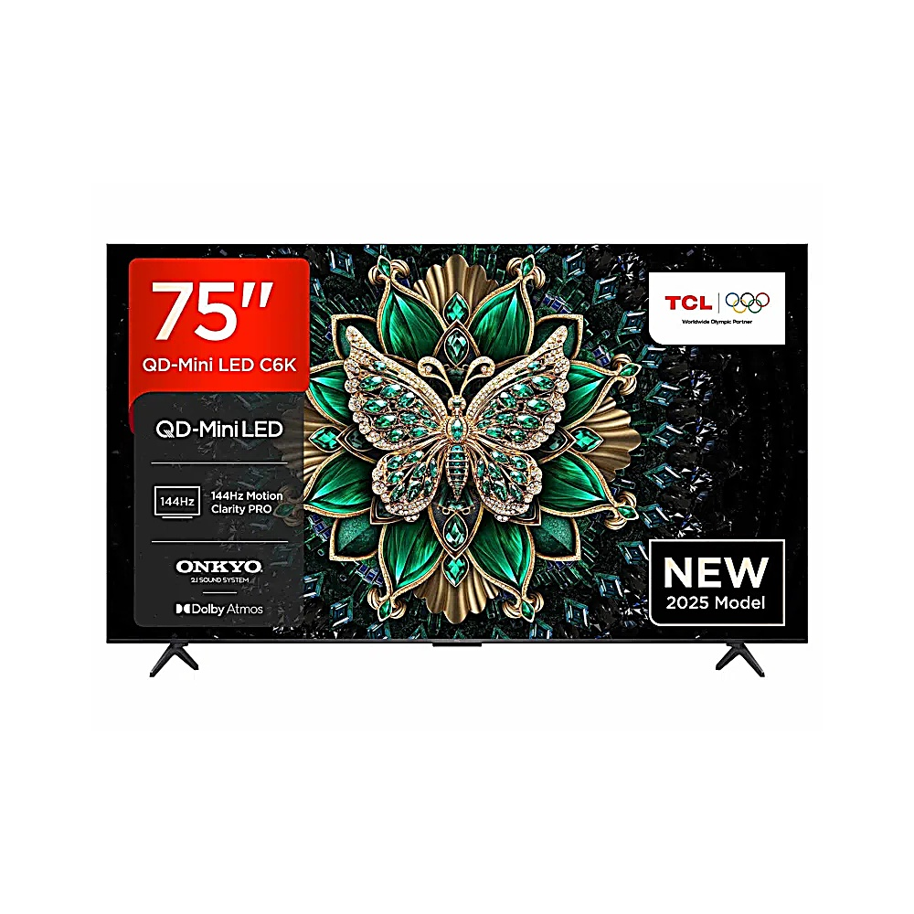 Un televisore TCL da 75" con un disegno a farfalla sullo schermo. Include QD-Mini LED, 144Hz e sistema audio Onkyo. Modello 2025.