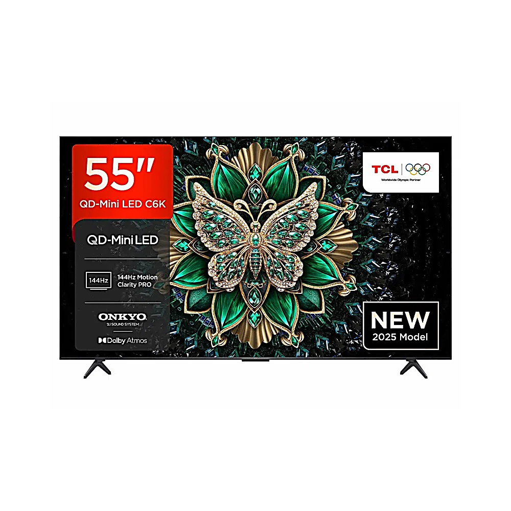 Un TV TCL da 55" mostra una farfalla su un design verde e oro. Ha 'NUOVO Modello 2025' e dettagli sulle funzionalità.
