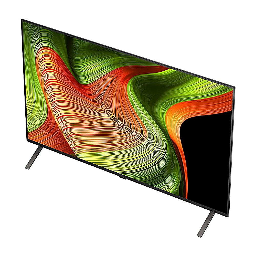 Ein Flachbildfernseher auf weißem Hintergrund. Der Bildschirm zeigt ein Wirbelmuster aus Grün, Orange und Schwarz.