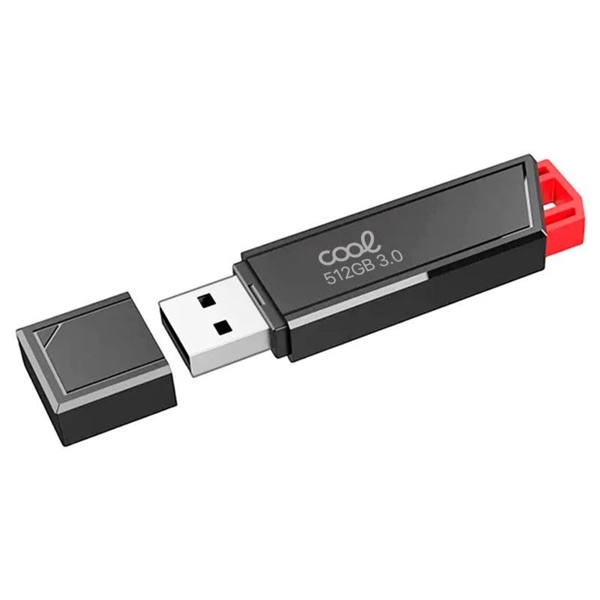 Una unidad flash USB negra con una tapa roja y una tapa desmontada. Tiene impreso 'cool' y '512GB 3.0'.