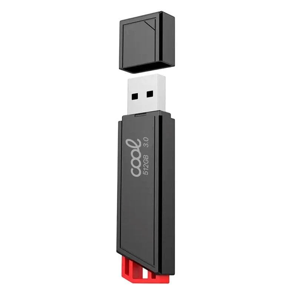 Una unidad flash USB negra con tapa separada. La unidad tiene impreso 'cool' y '512GB 3.0', y una base roja.