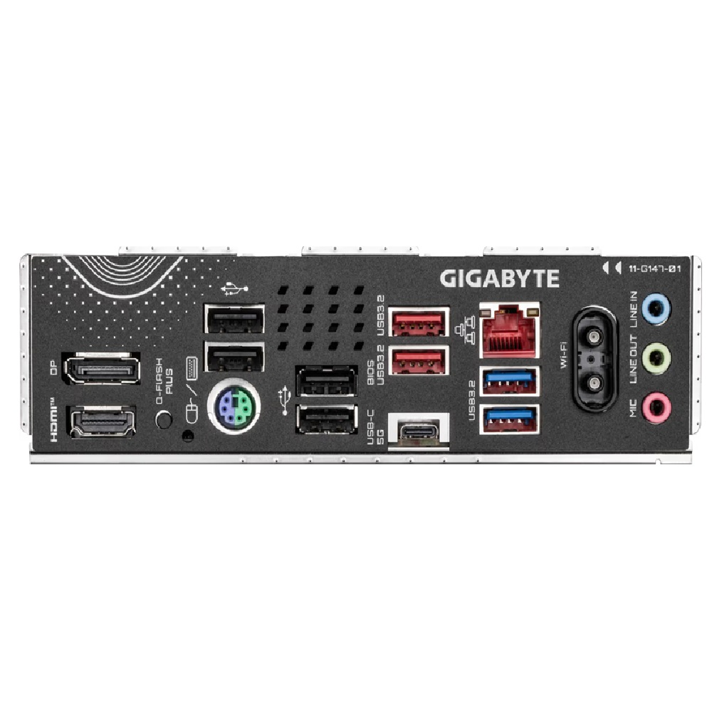 Rückseite eines Gigabyte-Motherboards. Anschlüsse umfassen HDMI, USB und Audiobuchsen. Das Gigabyte-Logo ist sichtbar.