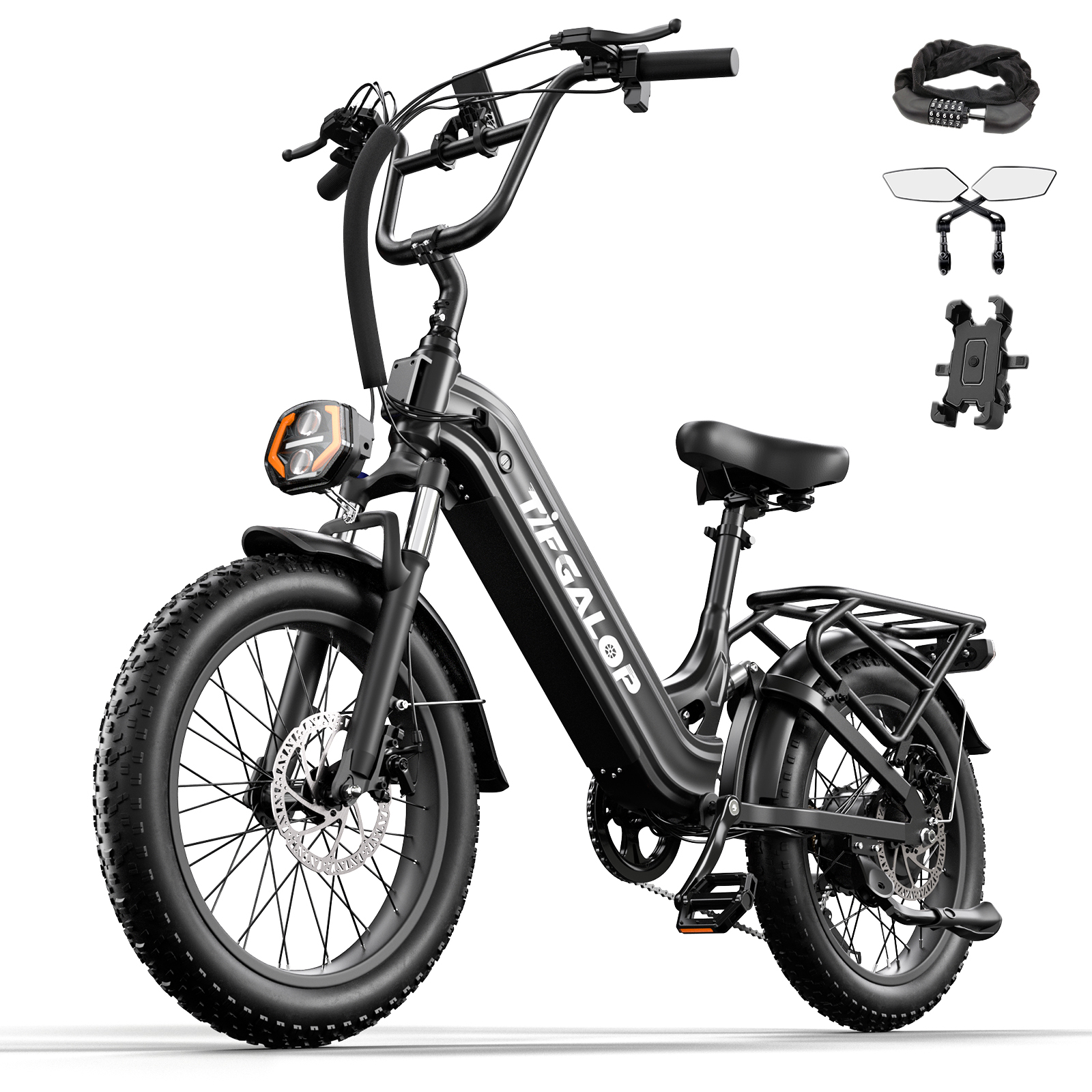 Czarny rower elektryczny z akcesoriami: zapięcie, lusterka i uchwyt na telefon. Posiada grube opony, reflektor i bagażnik.