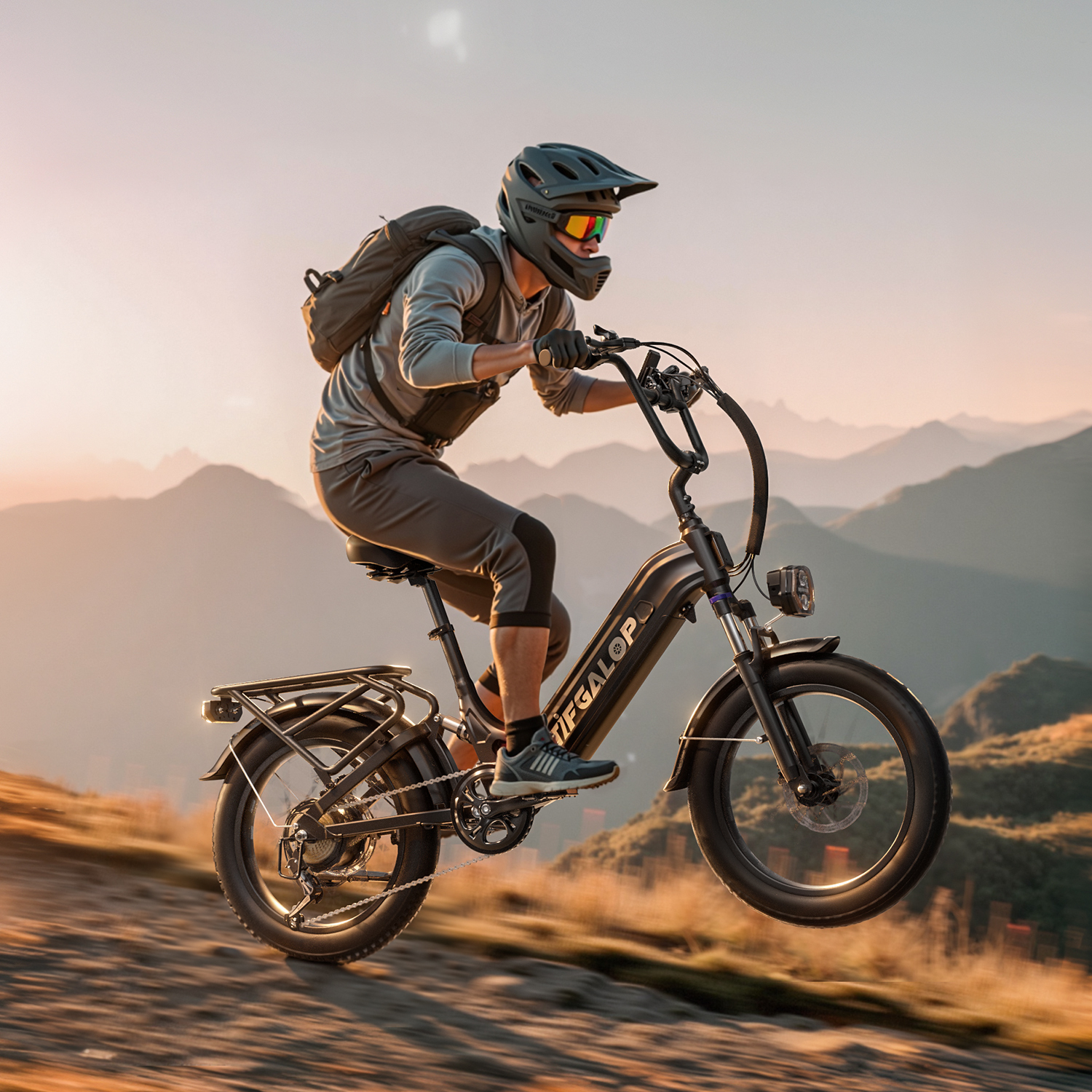 Osoba jedzie czarnym rowerem elektrycznym na górskim szlaku. Kolarz ma na sobie kask i plecak, w tle widać góry.