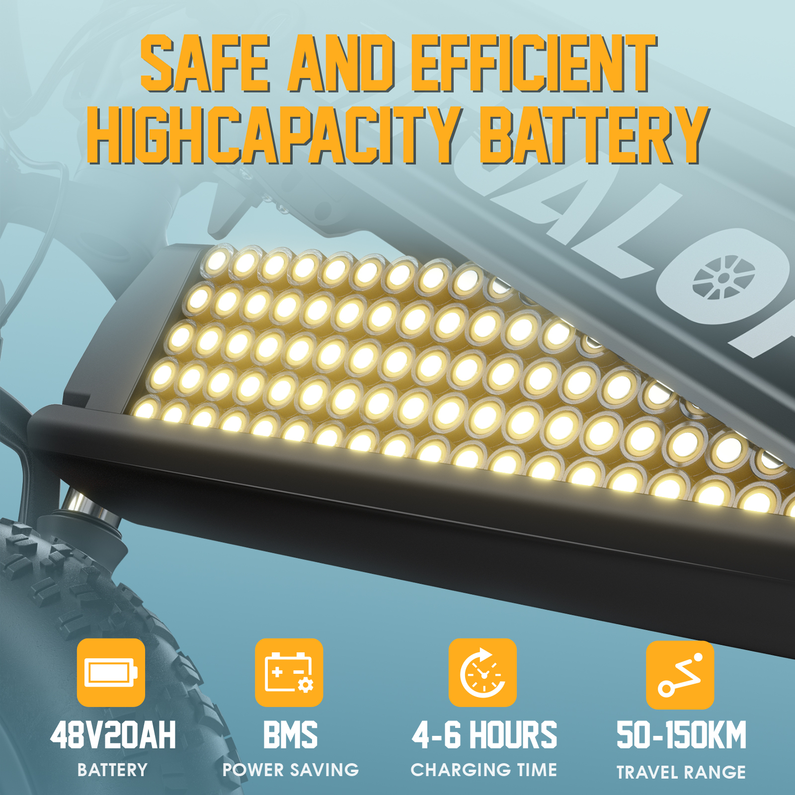 Obraz akumulatora do roweru elektrycznego z danymi: 48V20AH, BMS, 4-6 godzin ładowania i zasięg 50-150km. Tekst: Bezpieczny i wydajny akumulator.
