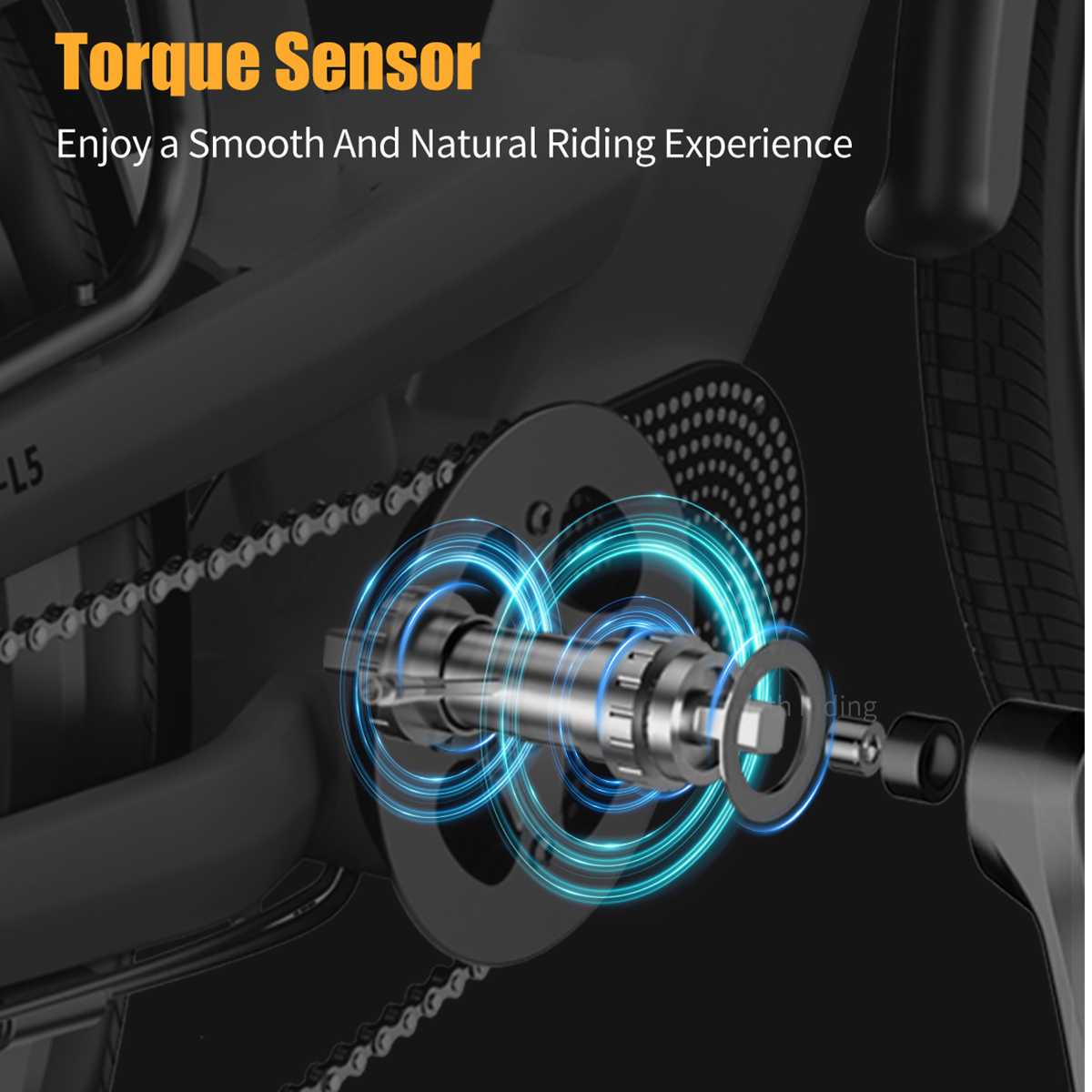 Obraz przedstawia czujnik momentu obrotowego roweru. Niebieskie okręgi świetlne podkreślają mechanizm. Tekst mówi 'Torque Sensor'.